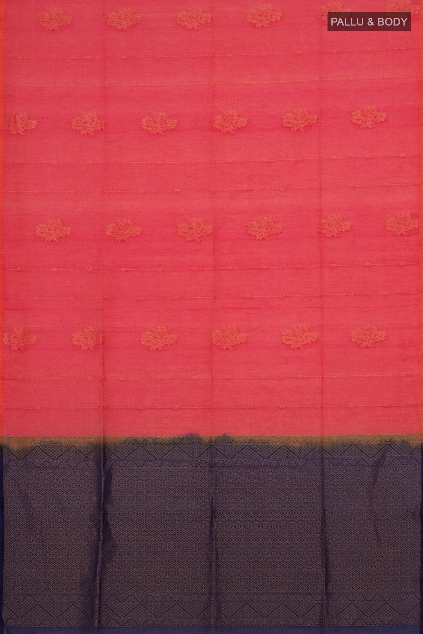 Flat view of Coral Silk Cotton Saree with Zari Butta on the body and Without Border. 