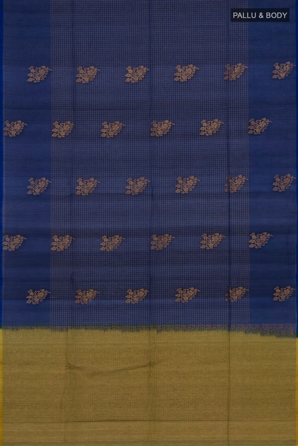 Flat view of Blue Silk Cotton Saree with Checked design on the body and Fancy Border. 