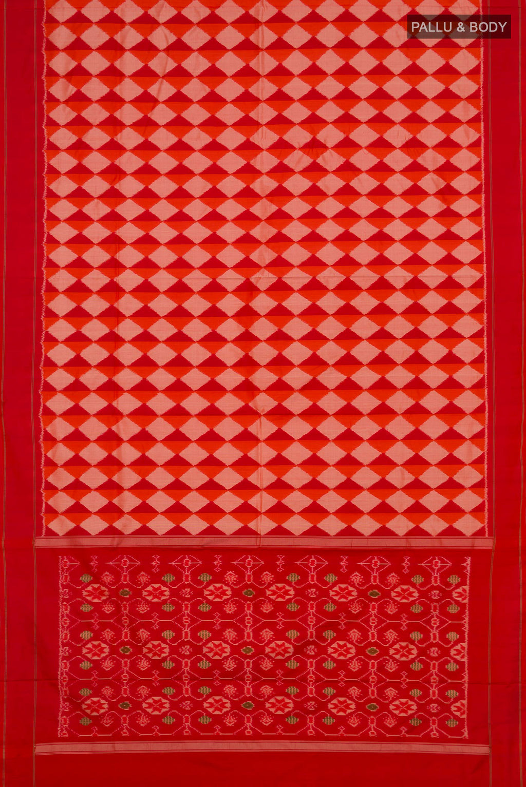 Flat view of Pure Silk Multi Color Pochampally Saree with Ikat design on the body and Plain Border. 