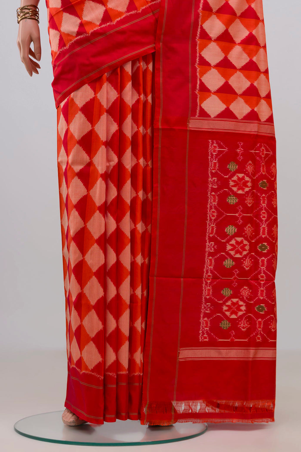 Pleats and pallu of Pure Silk Multi Color Pochampally Saree with Ikat design on the body and Plain Border. 