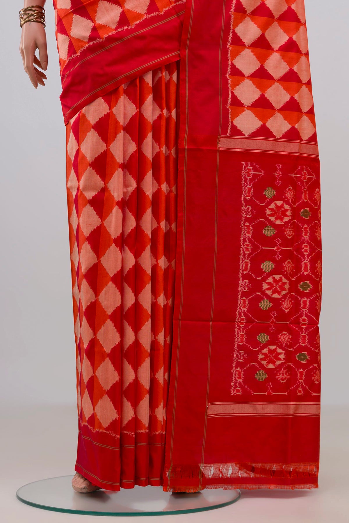 Pleats and pallu of Pure Silk Multi Color Pochampally Saree with Ikat design on the body and Plain Border. 