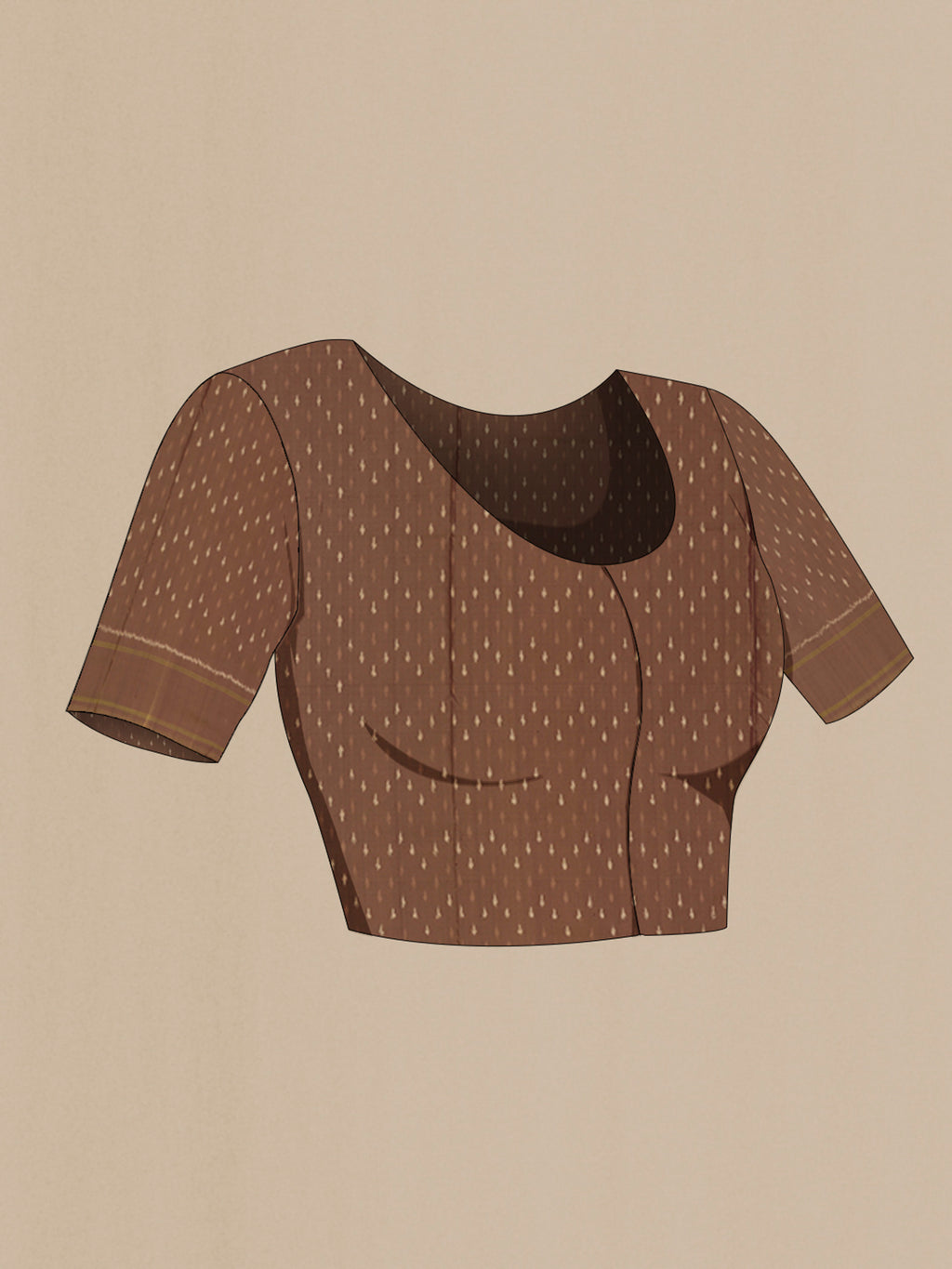 Close up image of the blouse of Brown Pochampally Silk Saree with Ikat design on the body and Plain Border. 