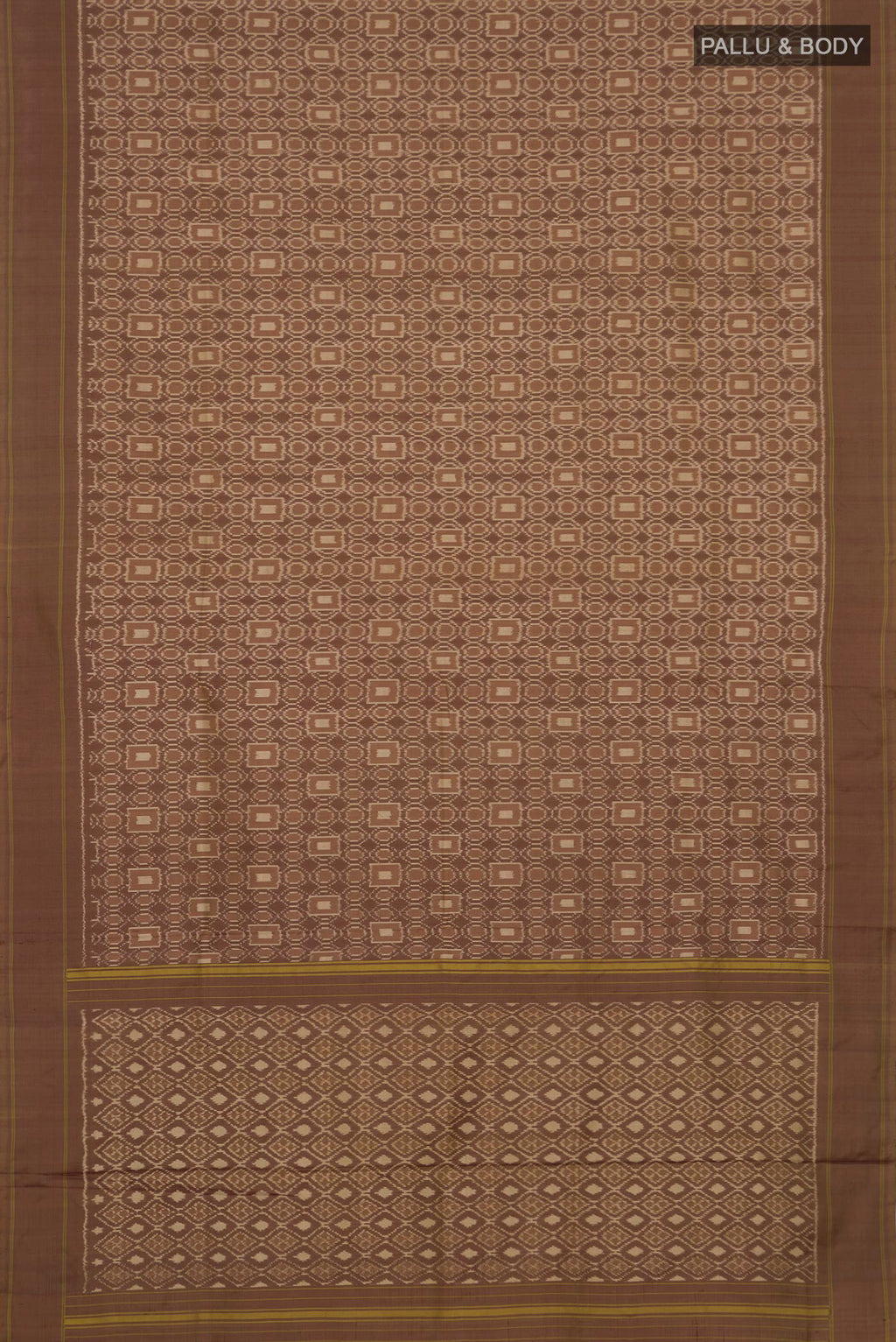 Flat view of Brown Pochampally Silk Saree with Ikat design on the body and Plain Border. 