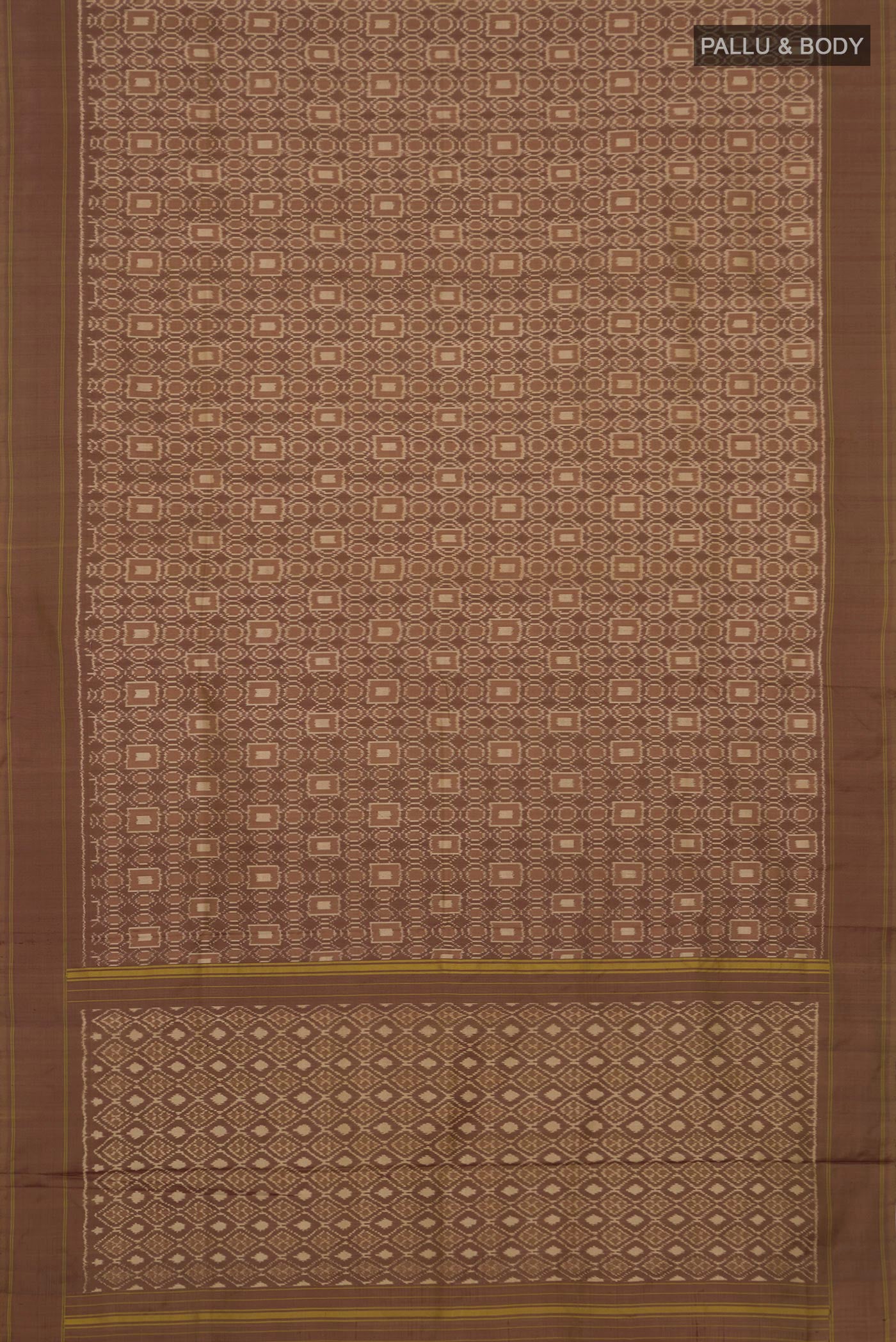 Flat view of Brown Pochampally Silk Saree with Ikat design on the body and Plain Border. 