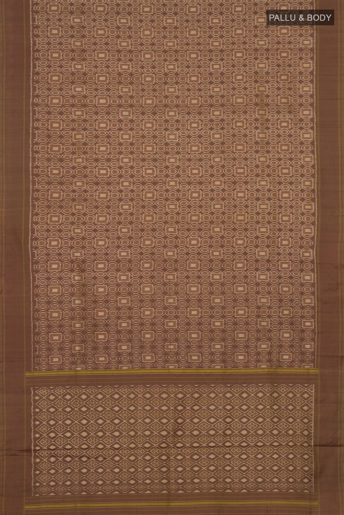 Flat view of Brown Pochampally Silk Saree with Ikat design on the body and Plain Border. 