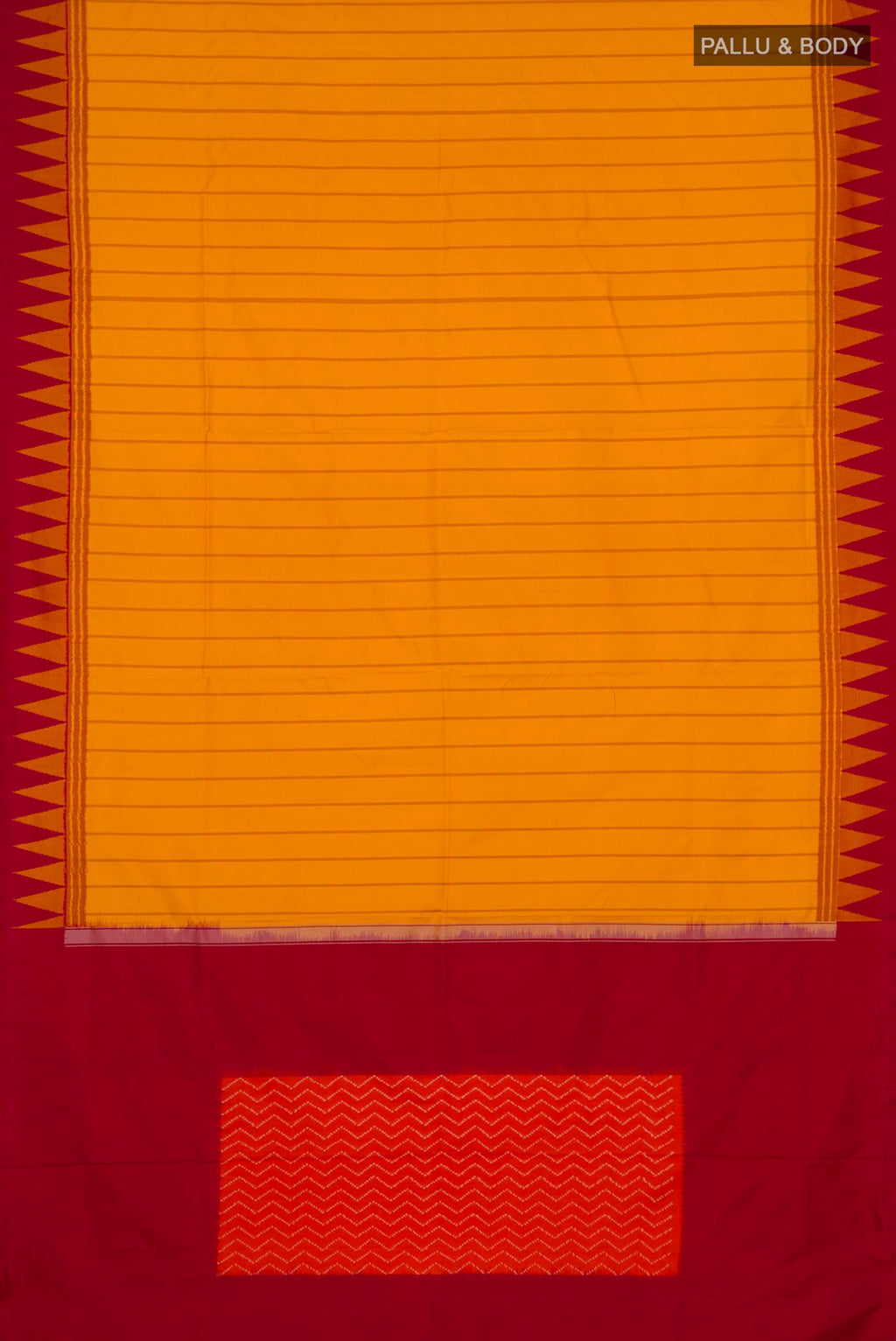 Flat view of Yellow Pochampally Silk Saree with Ikat design on the body and Temple Border. 