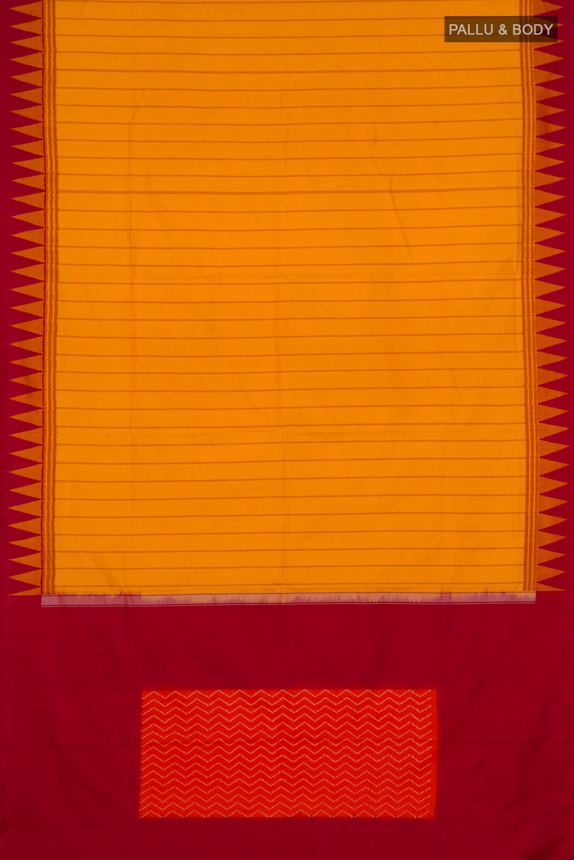 Flat view of Yellow Pochampally Silk Saree with Ikat design on the body and Temple Border. 