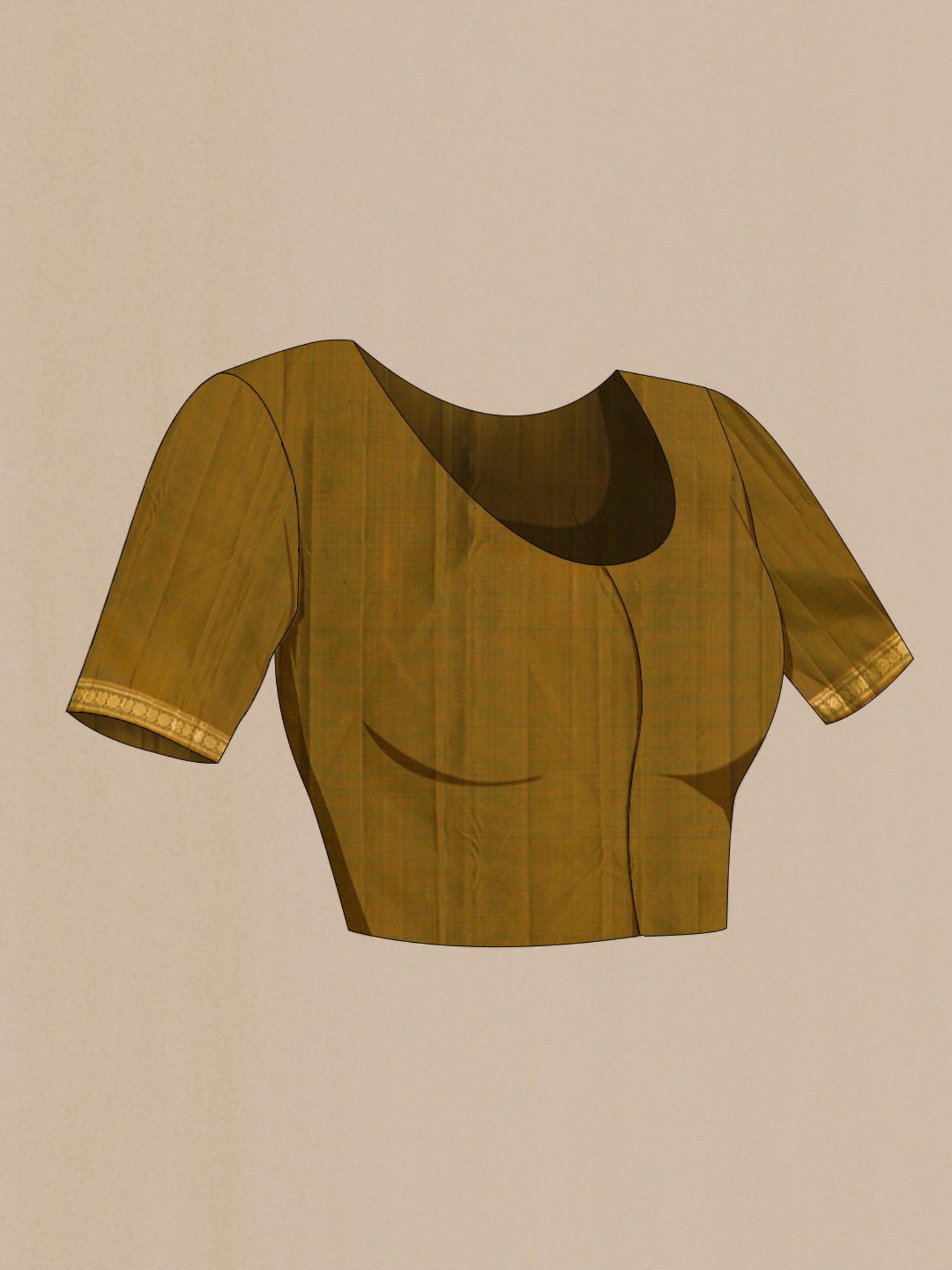 Close up image of the blouse of Pure Silk Pure Zari Green Kanchipuram Saree with Zari Butta on the body and Zari Border. 