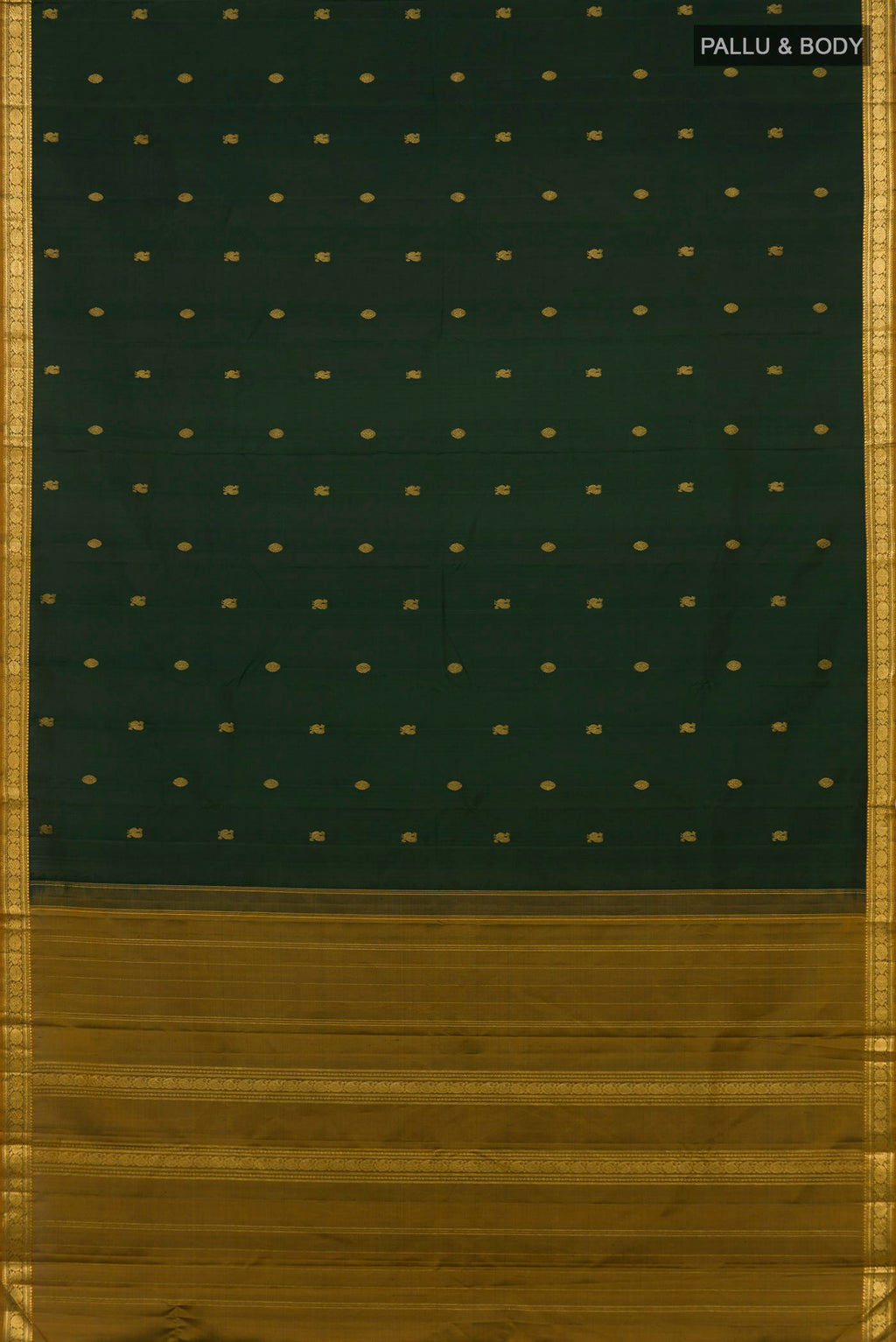 Flat view of Pure Silk Pure Zari Green Kanchipuram Saree with Zari Butta on the body and Zari Border. 