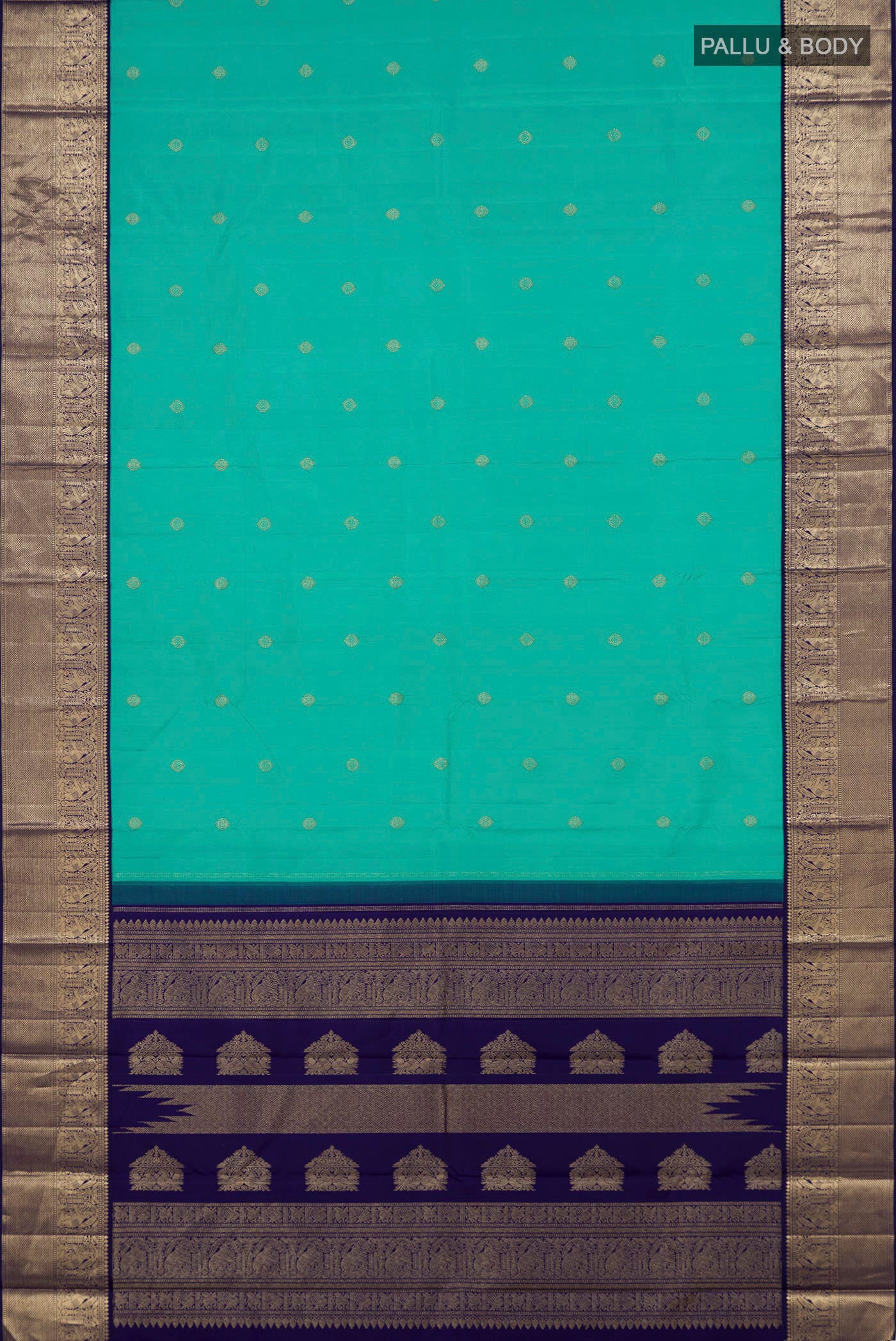 Flat view of Turquoise Kanjivaram Silk Saree with Zari Butta on the body and Zari Border. 