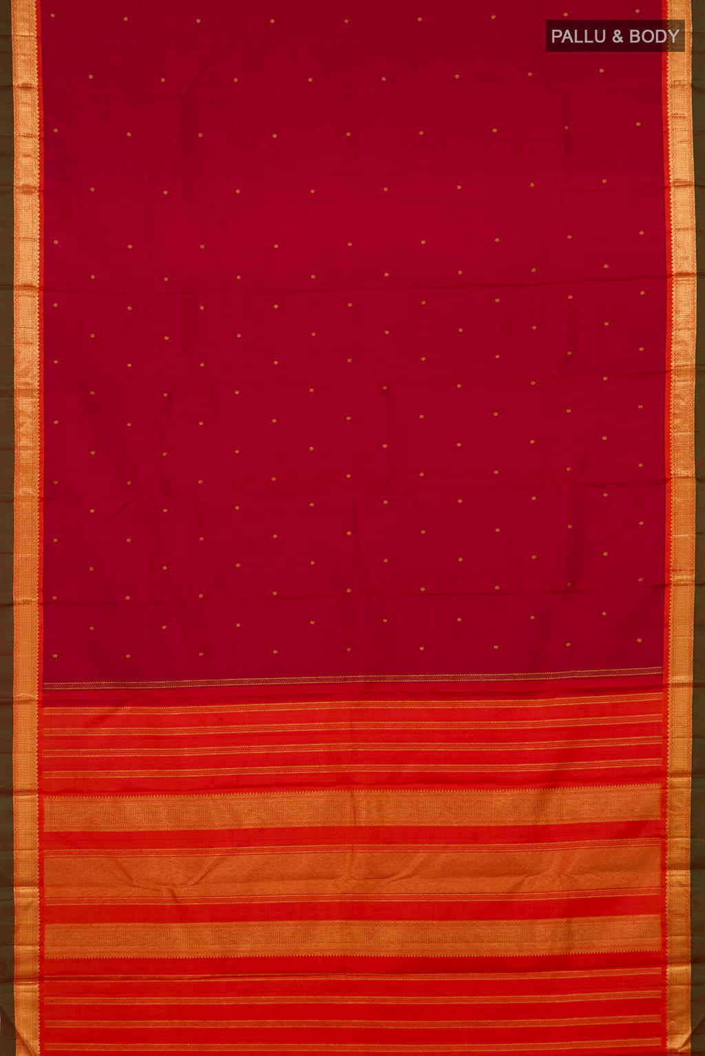 Flat view of Maroon Kanchipuram Silk Saree with Zari Butta on the body and Zari Border. 
