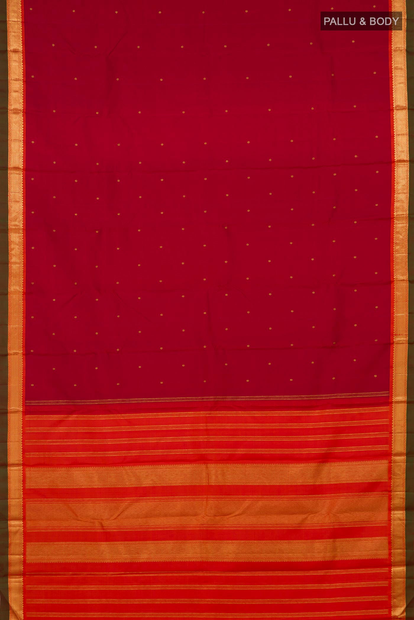 Flat view of Maroon Kanchipuram Silk Saree with Zari Butta on the body and Zari Border. 