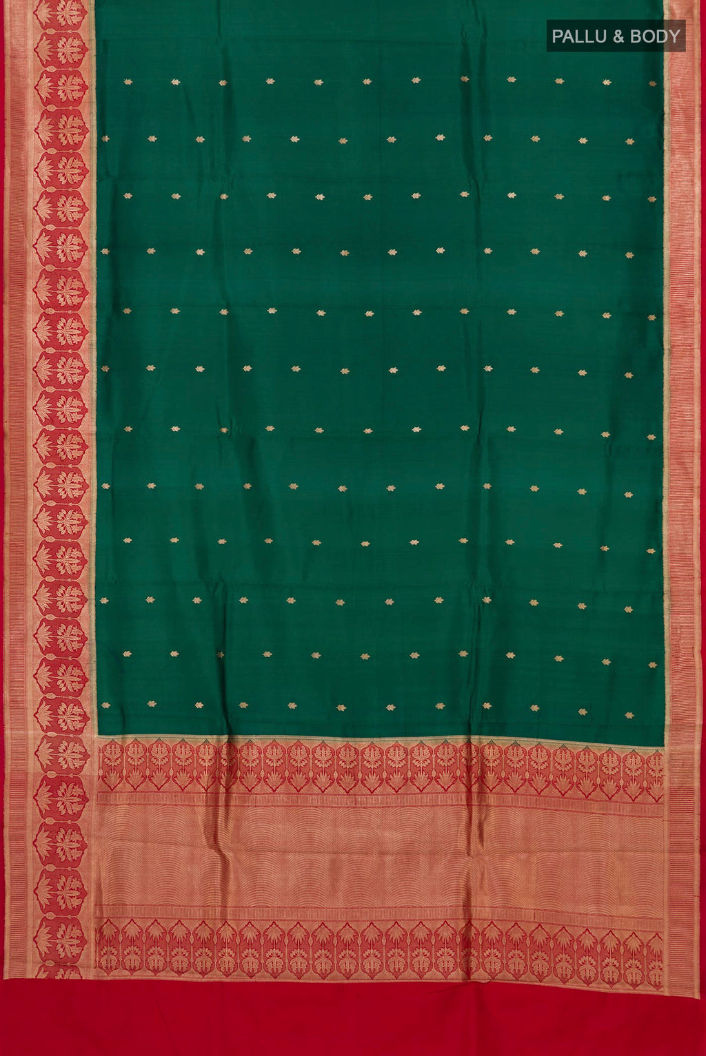 Flat view of Green Banarasi Katan Silk Saree with Zari Butta on the body and Fancy Border. 