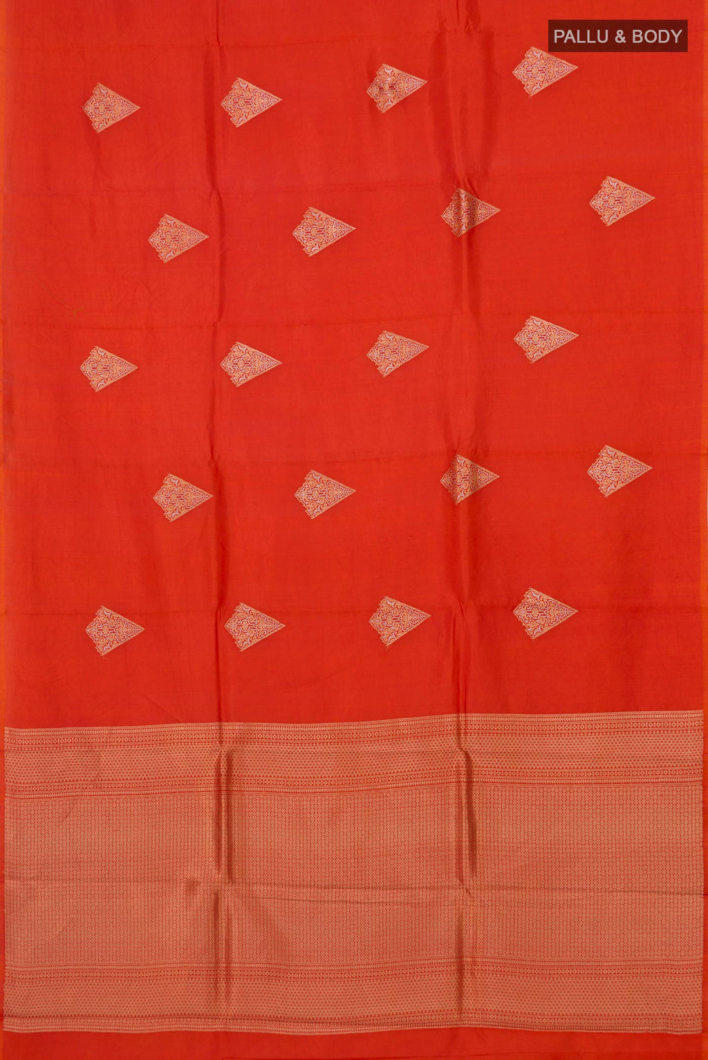 Flat view of Orange Banarasi Katan Silk Saree with Zari Butta on the body and Without Border. 