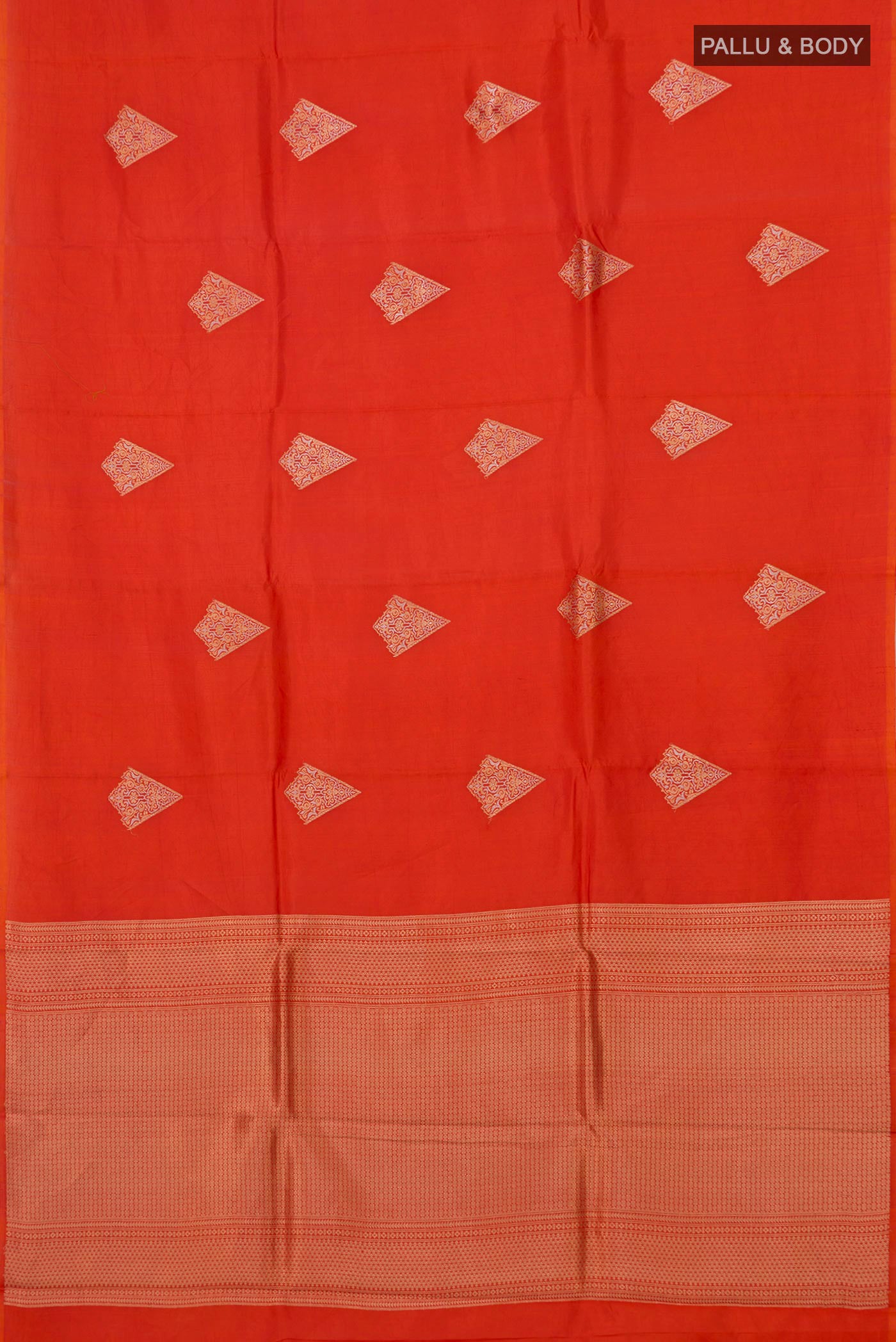 Flat view of Orange Banarasi Katan Silk Saree with Zari Butta on the body and Without Border. 