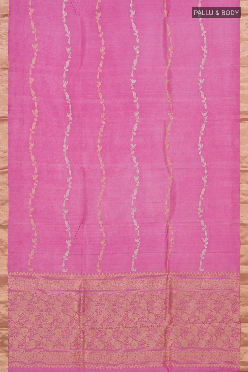 Flat view of Pink Banarasi Katan Silk Saree with Zari Butta on the body and Zari Border. 