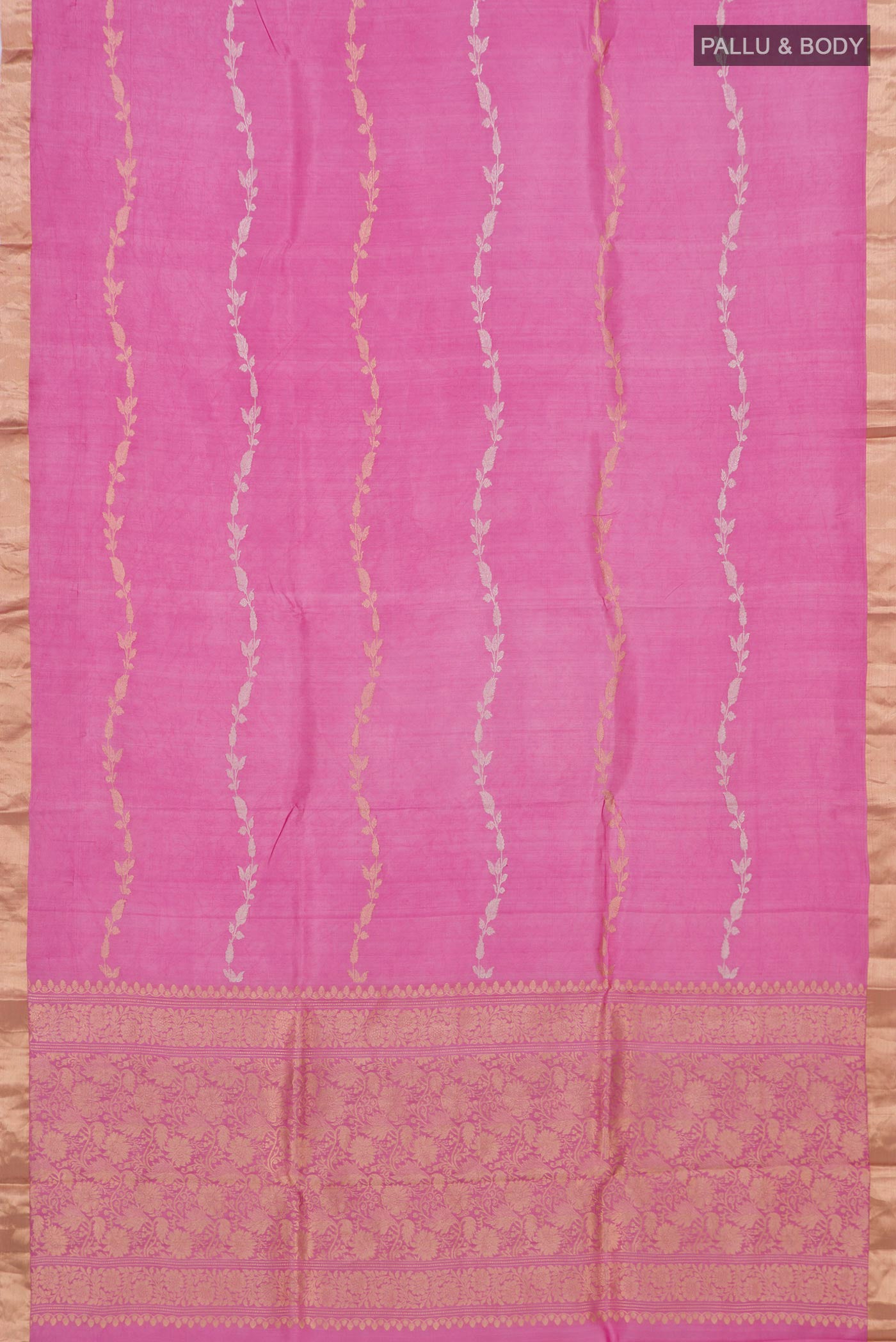 Flat view of Pink Banarasi Katan Silk Saree with Zari Butta on the body and Zari Border. 