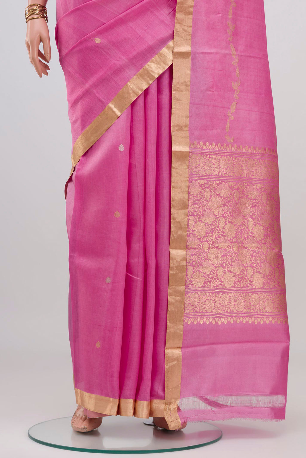 Pleats and pallu of Pink Banarasi Katan Silk Saree with Zari Butta on the body and Zari Border. 