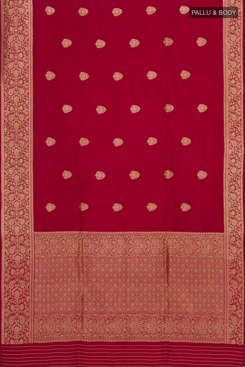 Flat view of Maroon Banarasi Katan Silk Saree with Zari Butta on the body and Zari Border. 