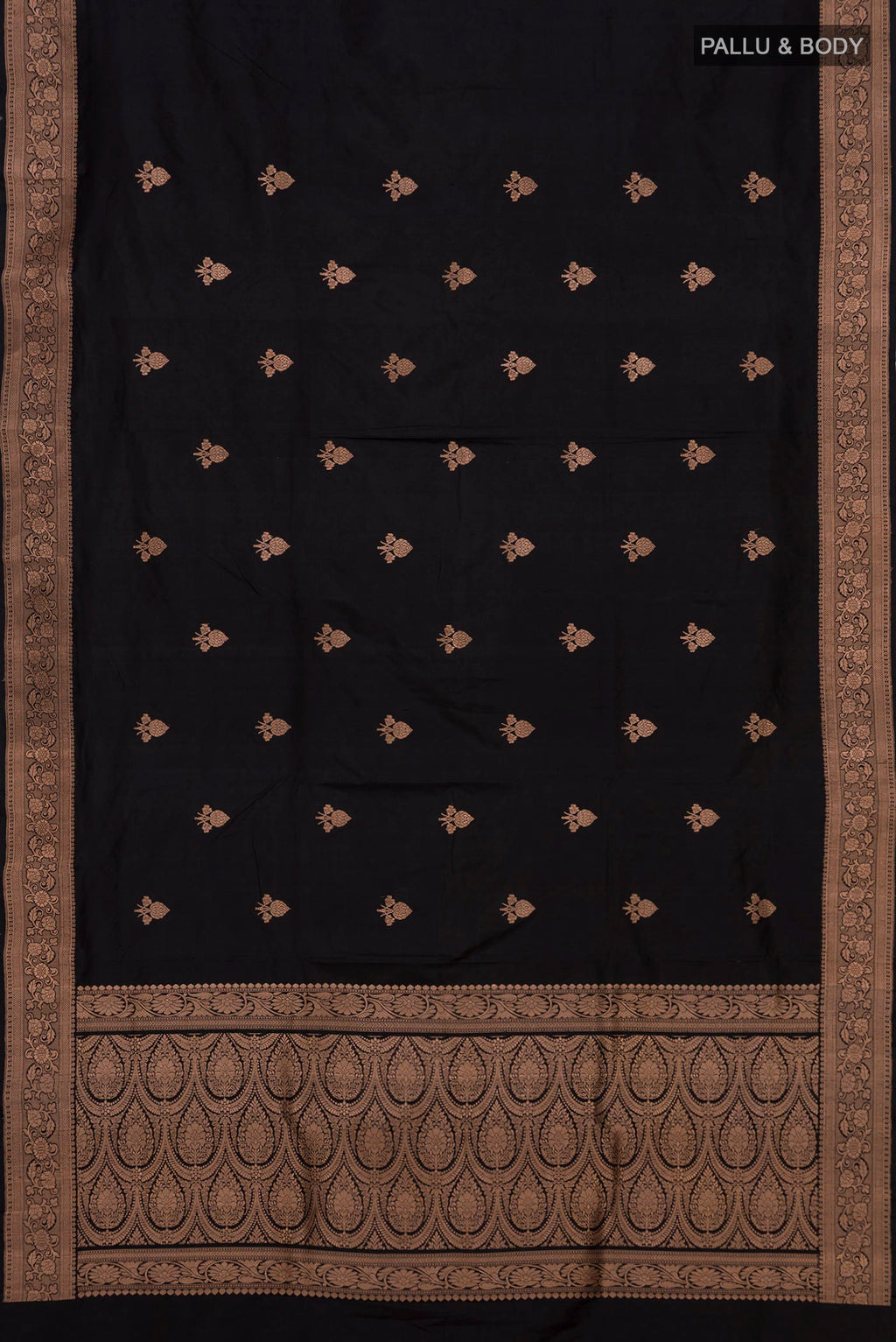 Flat view of Black Banarasi Katan Silk Saree with Zari Butta on the body and Zari Border. 