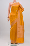 Mustard Banarasi Katan Silk Saree with Zari Butta on the body and Zari Border.  displayed on a mannequin