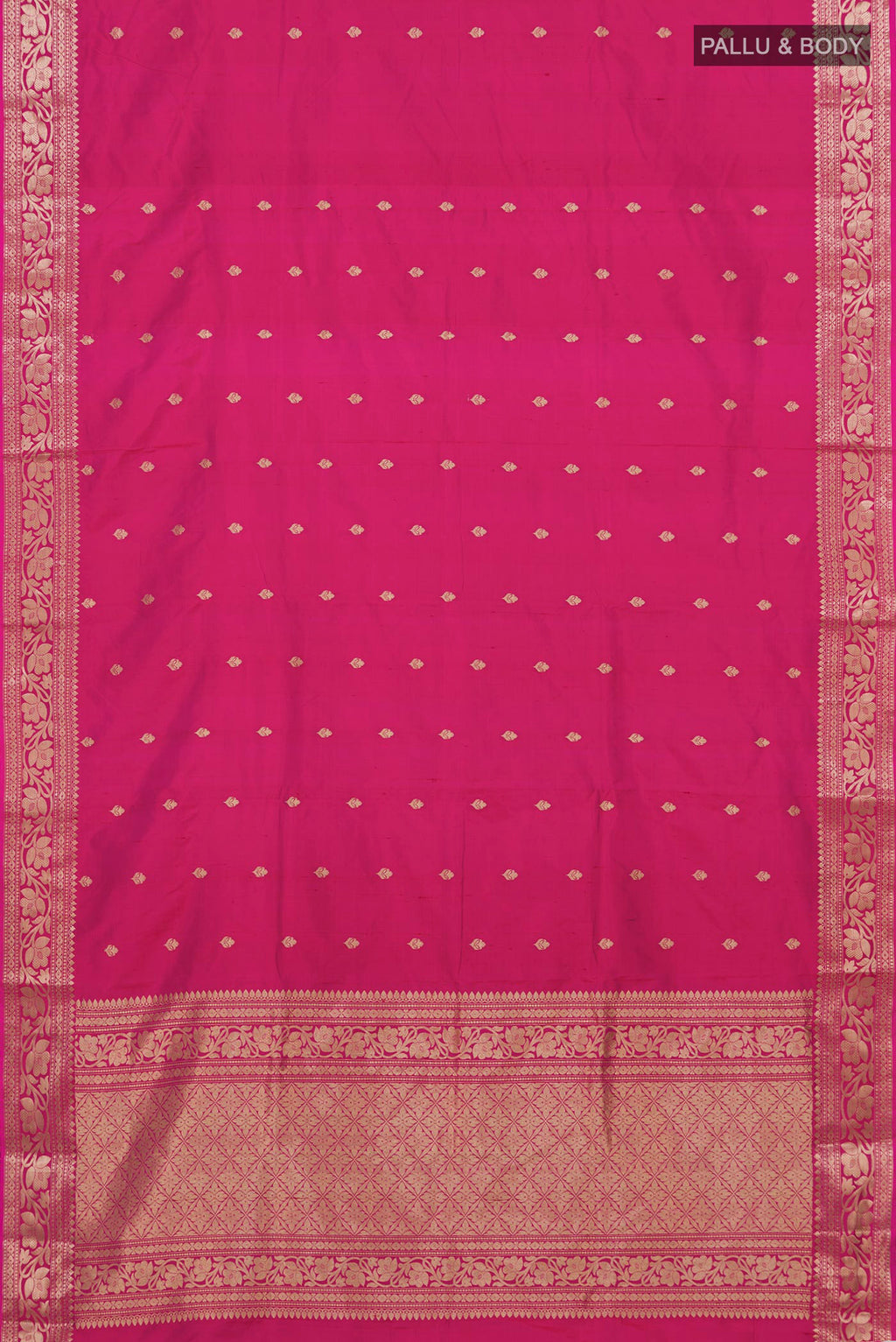 Flat view of Pink Banarasi Katan Silk Saree with Zari Butta on the body and Zari Border. 