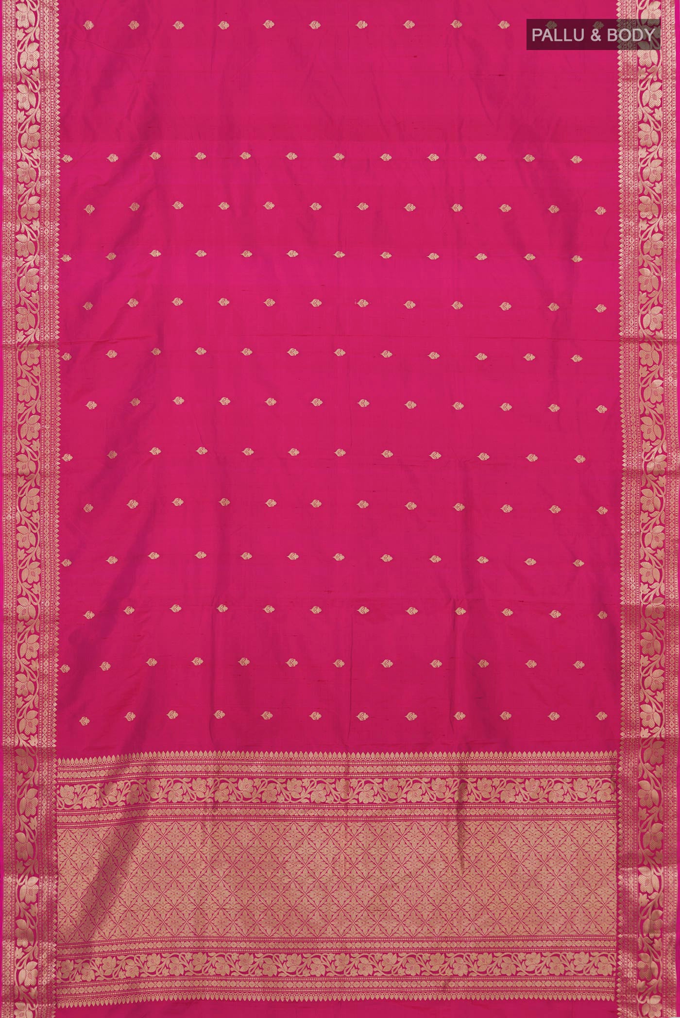 Flat view of Pink Banarasi Katan Silk Saree with Zari Butta on the body and Zari Border. 