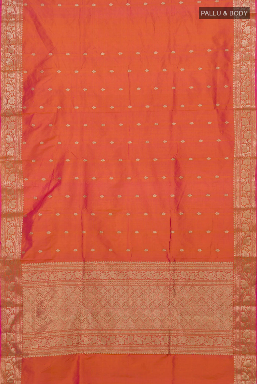 Flat view of Peach Dual Tone Banarasi Katan Silk Saree with Zari Butta on the body and Zari Border. 