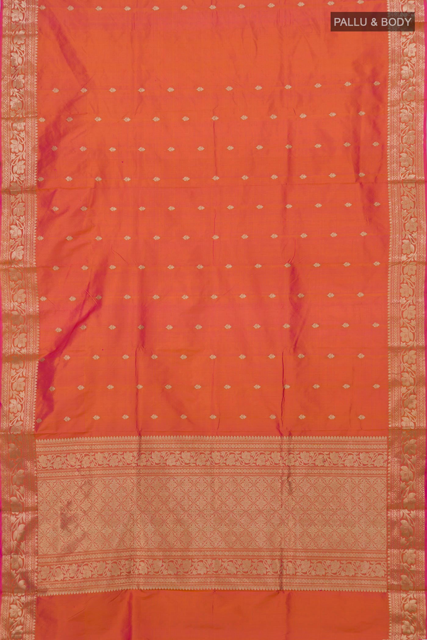 Flat view of Peach Dual Tone Banarasi Katan Silk Saree with Zari Butta on the body and Zari Border. 