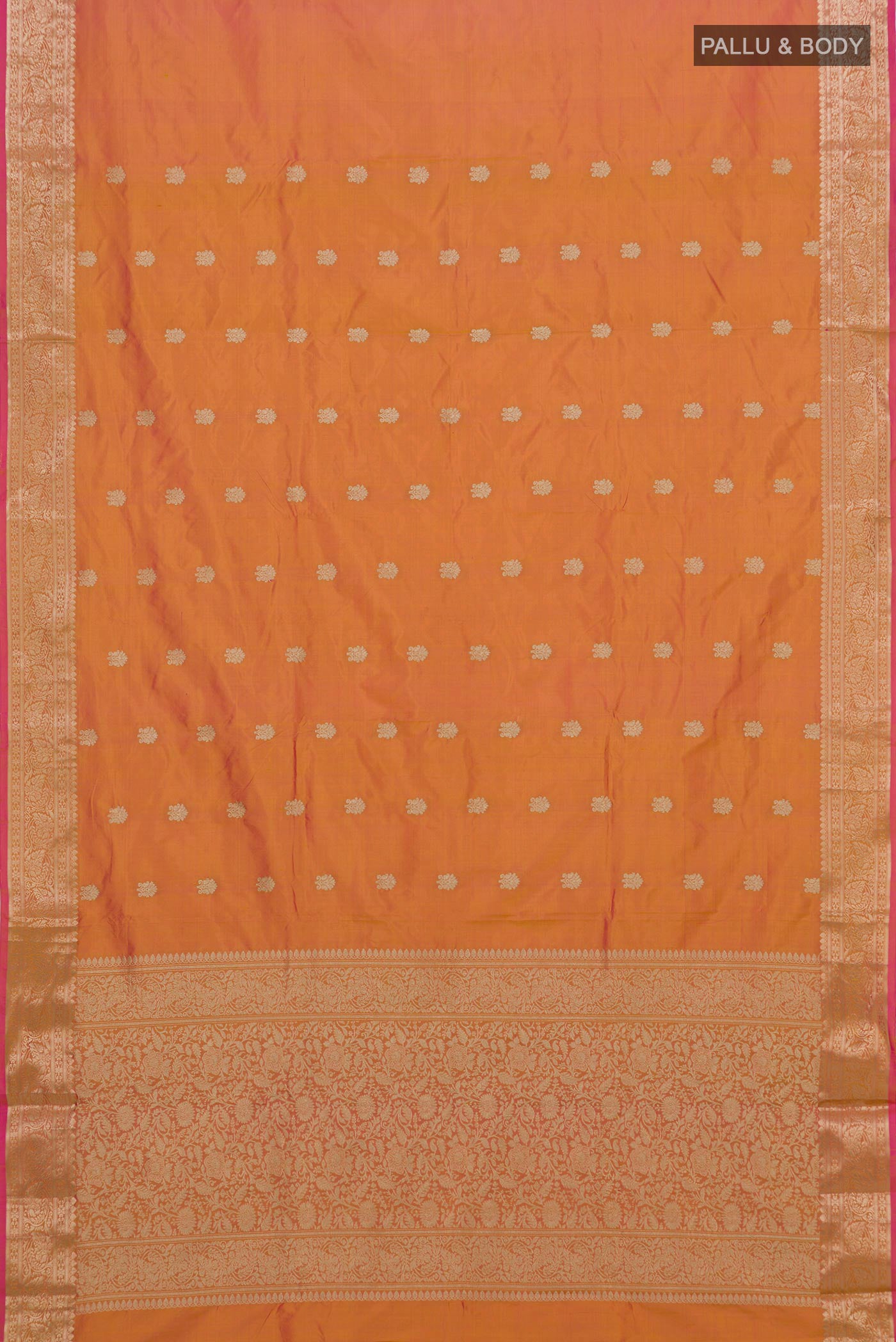 Flat view of Peach Dual Tone Banarasi Katan Silk Saree with Zari Butta on the body and Zari Border. 