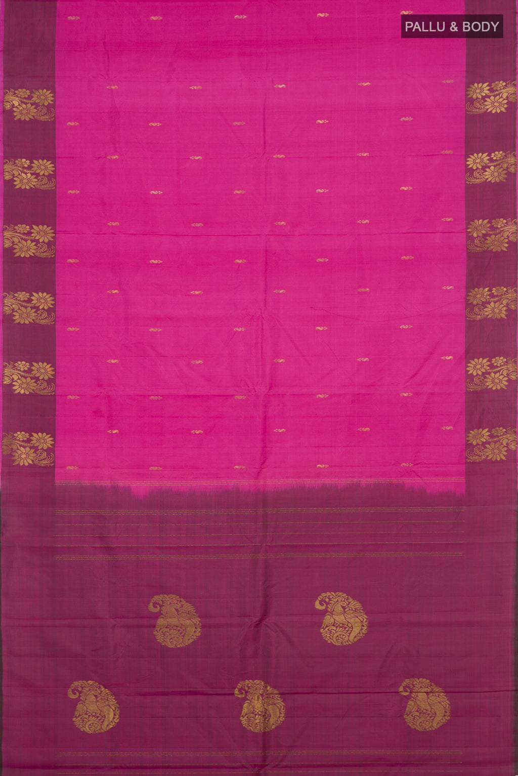 Flat view of Pure Silk Pink Kanchipuram Saree with Zari Butta on the body and Fancy Border. 