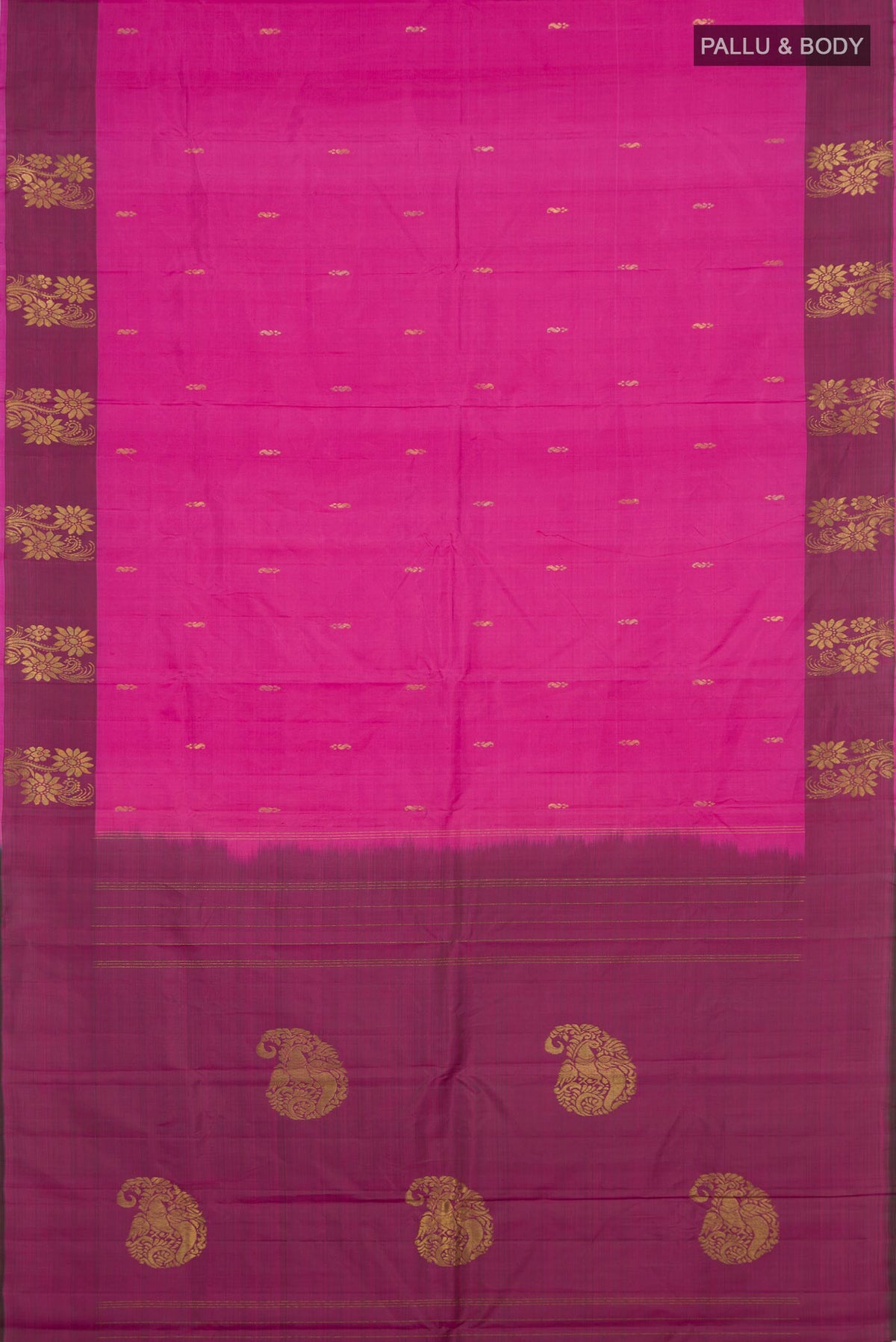 Flat view of Pure Silk Pink Kanchipuram Saree with Zari Butta on the body and Fancy Border. 