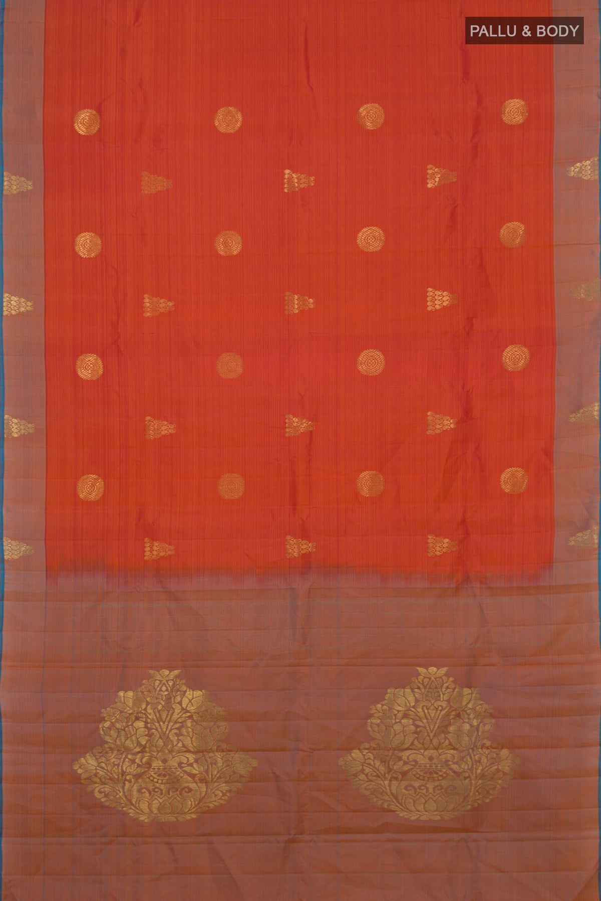 Flat view of Pure Silk Orange Kanchipuram Saree with Zari Butta on the body and Fancy Border. 