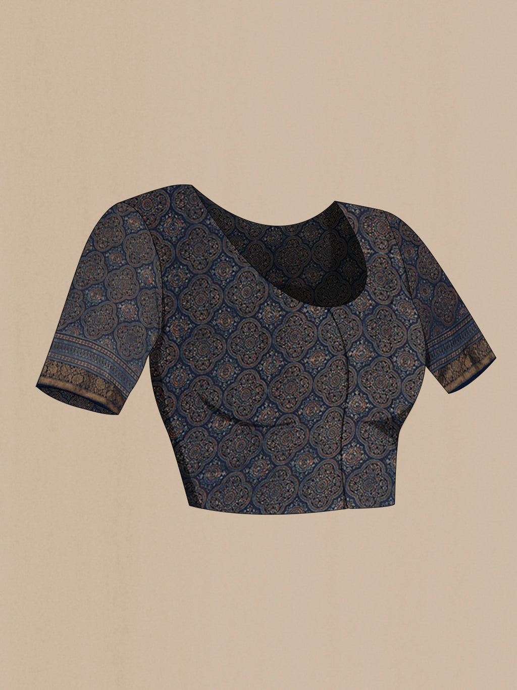 Close up image of the blouse of Navy Blue Chanderi Silk Cotton Saree with Ajrakh Print on the body and Zari Border. 