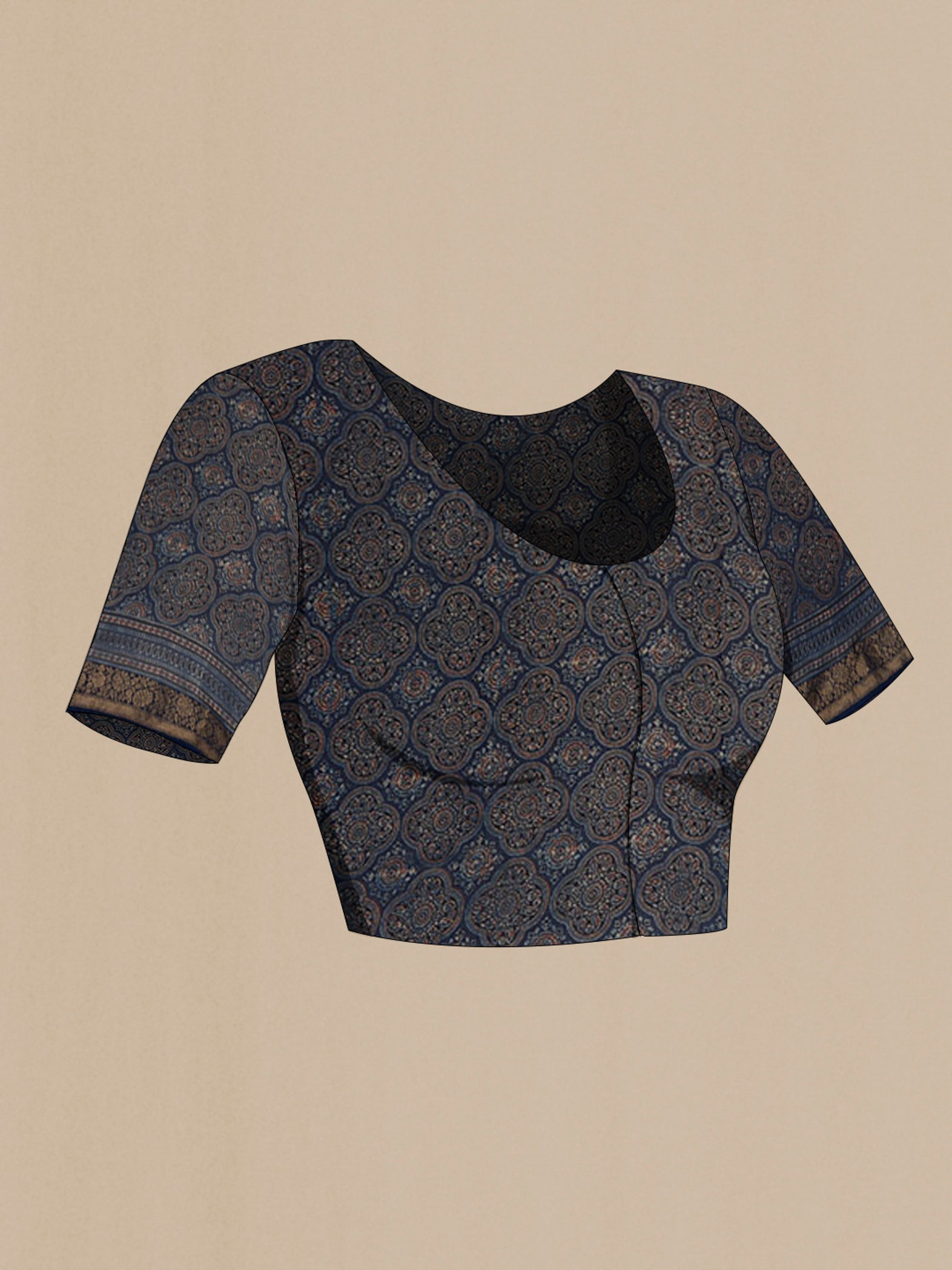 Close up image of the blouse of Navy Blue Chanderi Silk Cotton Saree with Ajrakh Print on the body and Zari Border. 