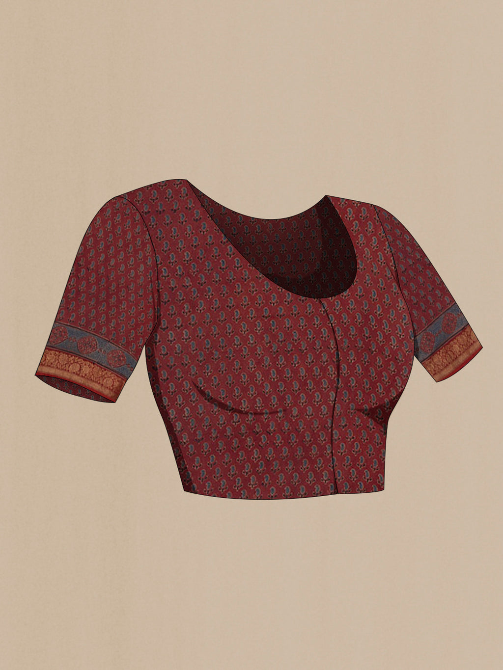 Close up image of the blouse of Rust Chanderi Silk Cotton Saree with Ajrakh Print on the body and Zari Border. 