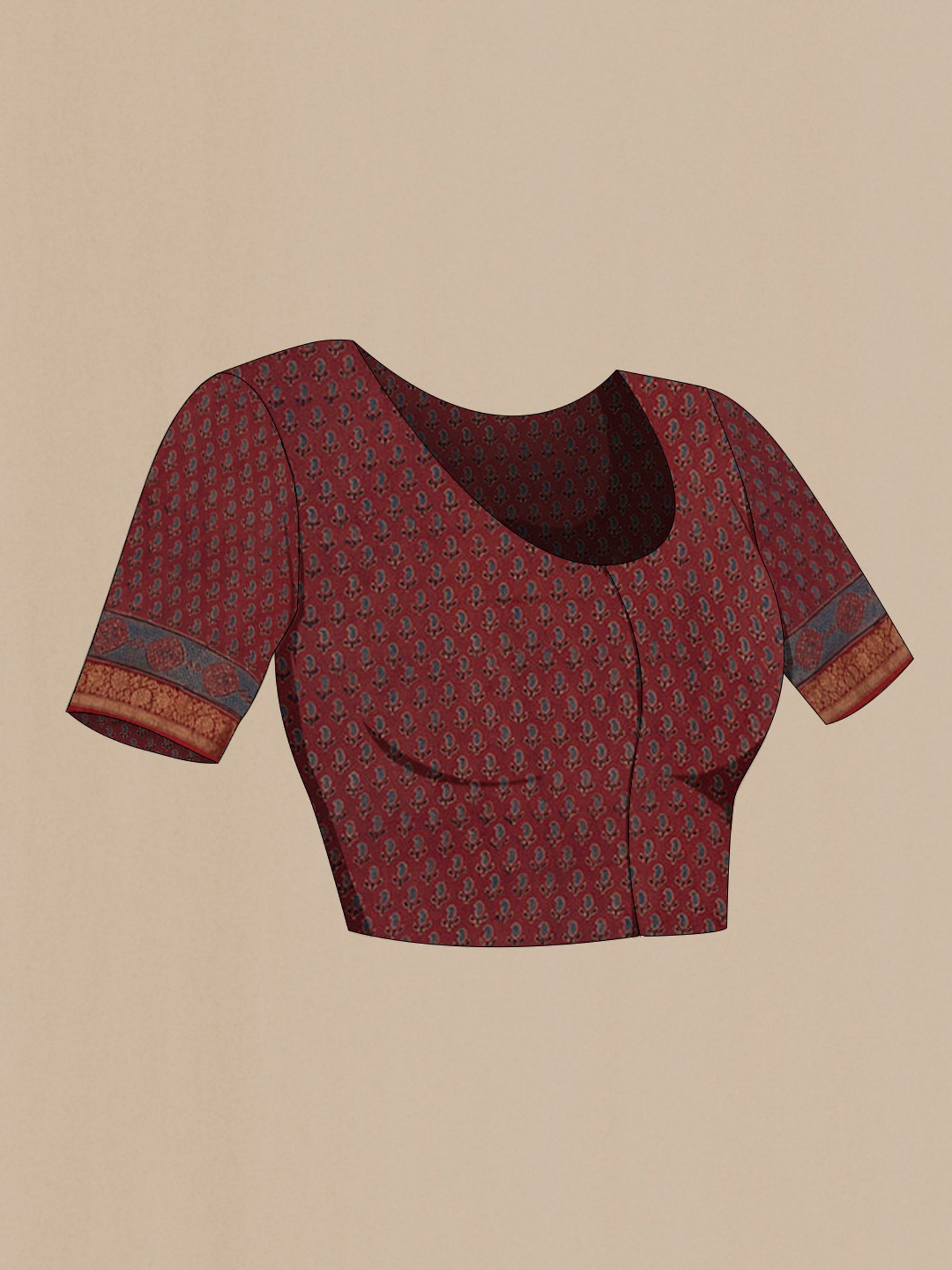 Close up image of the blouse of Rust Chanderi Silk Cotton Saree with Ajrakh Print on the body and Zari Border. 