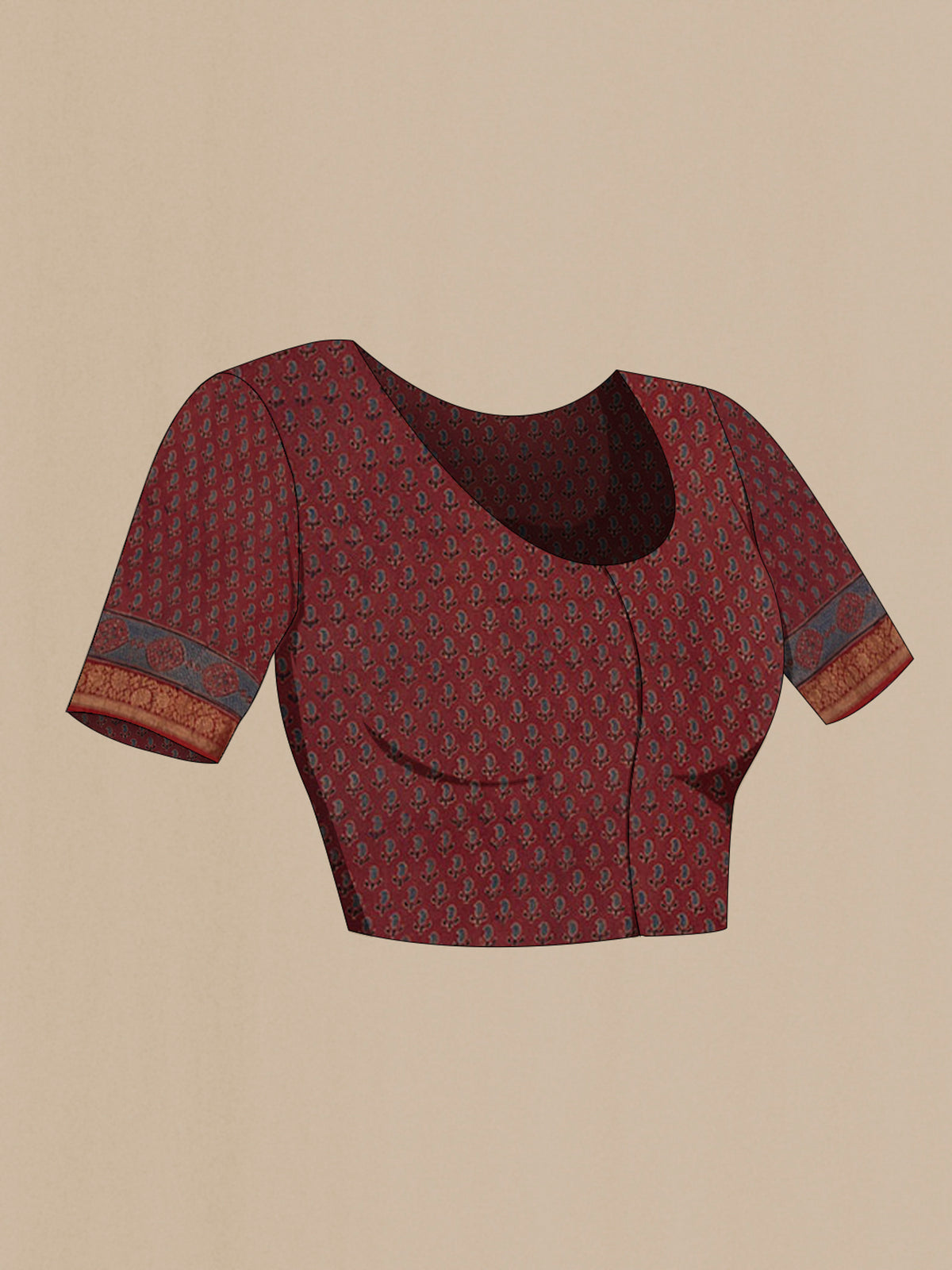 Close up image of the blouse of Rust Chanderi Silk Cotton Saree with Ajrakh Print on the body and Zari Border. 
