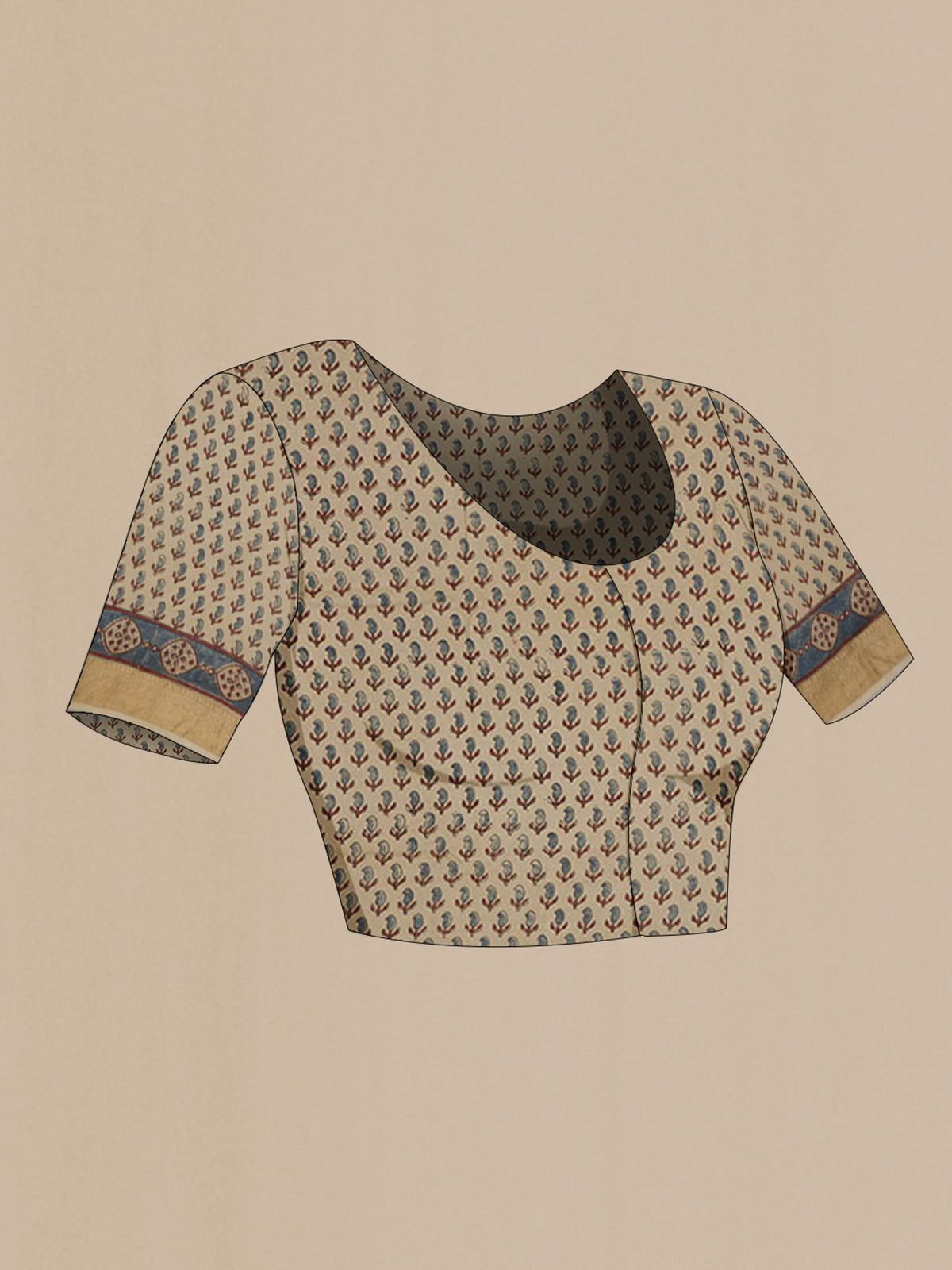 Close up image of the blouse of Beige Chanderi Silk Cotton Saree with Ajrakh Print on the body and Zari Border. 