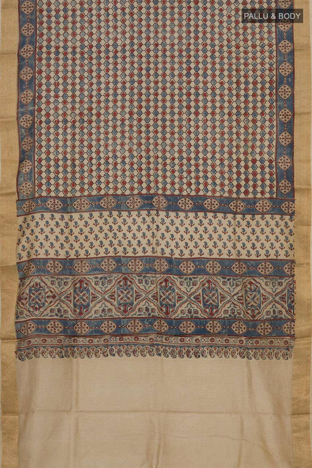 Flat view of Beige Chanderi Silk Cotton Saree with Ajrakh Print on the body and Zari Border. 