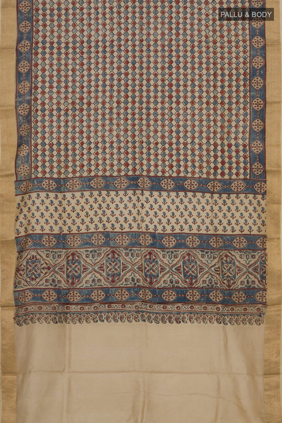 Flat view of Beige Chanderi Silk Cotton Saree with Ajrakh Print on the body and Zari Border. 