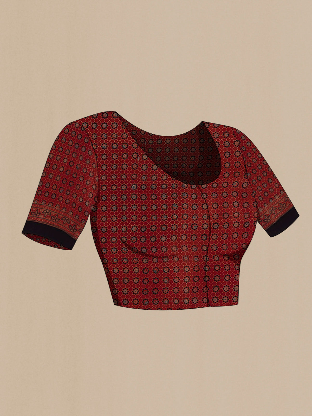 Close up image of the blouse of Rust Blended Chanderi Silk Cotton Saree with Ajrakh Print on the body and Printed Border. 