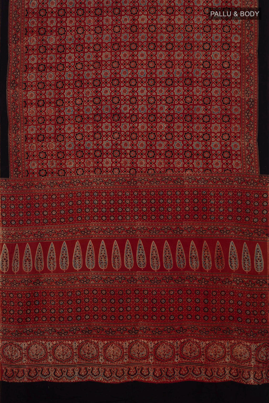 Flat view of Rust Blended Chanderi Silk Cotton Saree with Ajrakh Print on the body and Printed Border. 