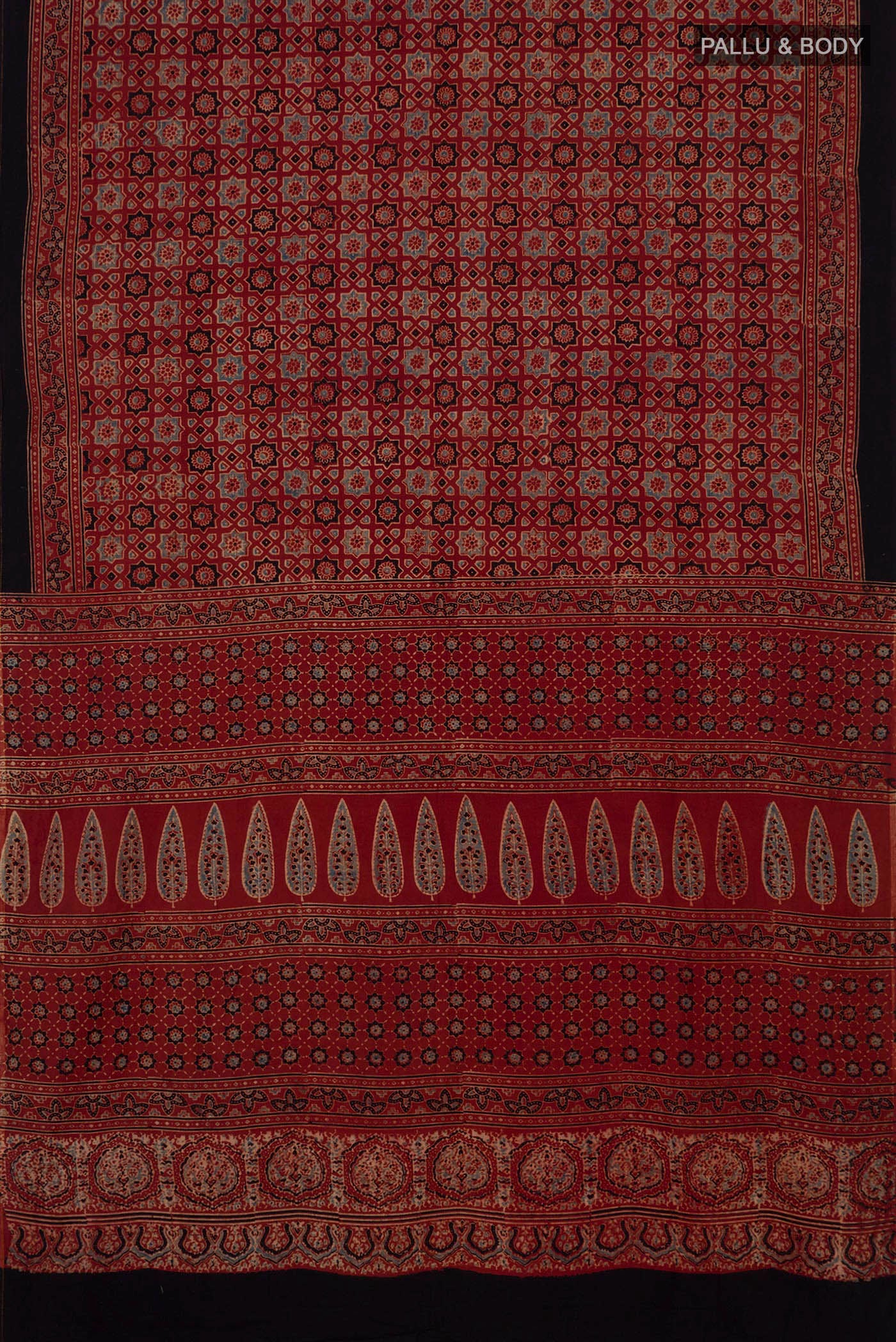 Flat view of Rust Blended Chanderi Silk Cotton Saree with Ajrakh Print on the body and Printed Border. 