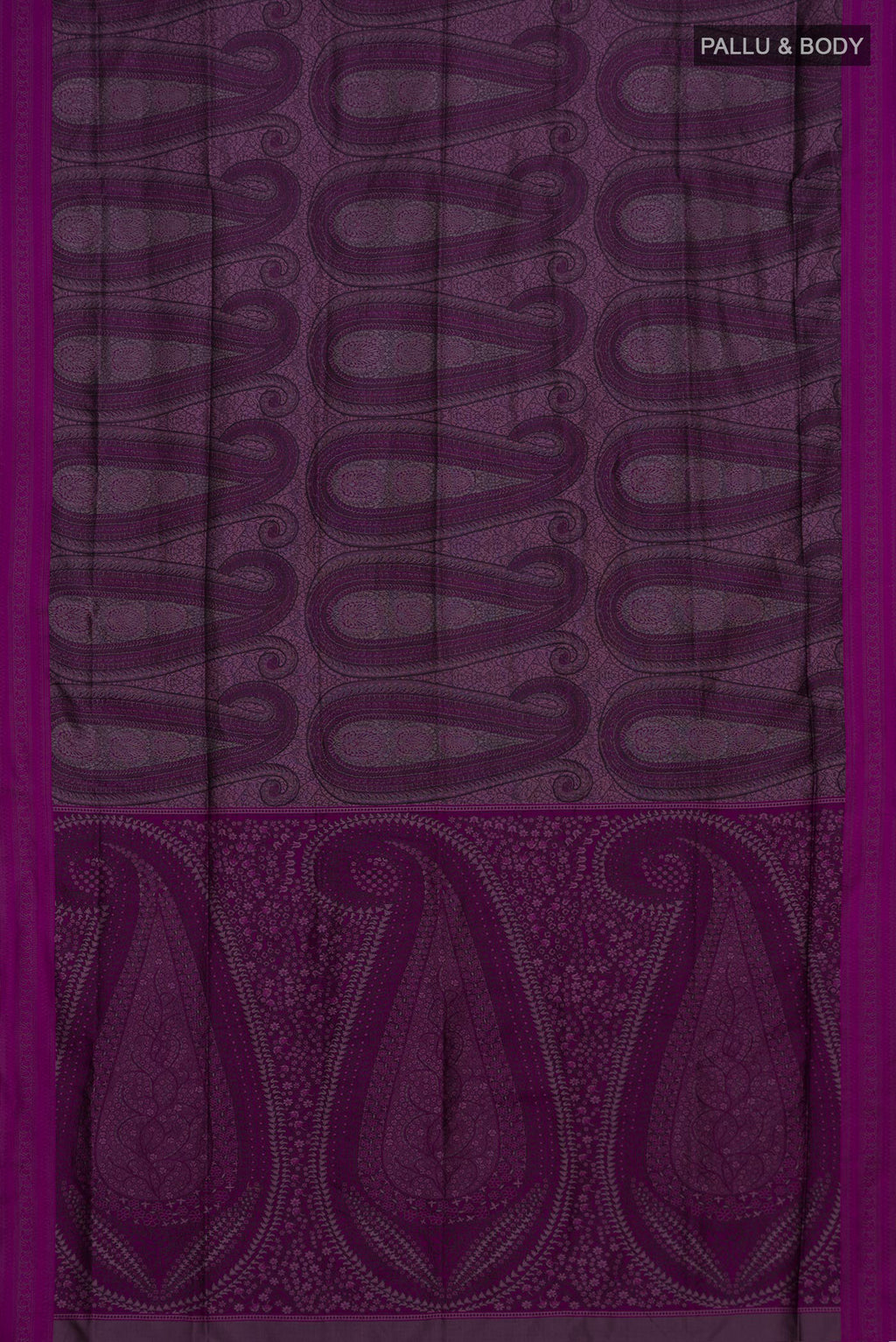 Flat view of Purple Soft Silk Saree with Jacquard design on the body and Thread Border. 