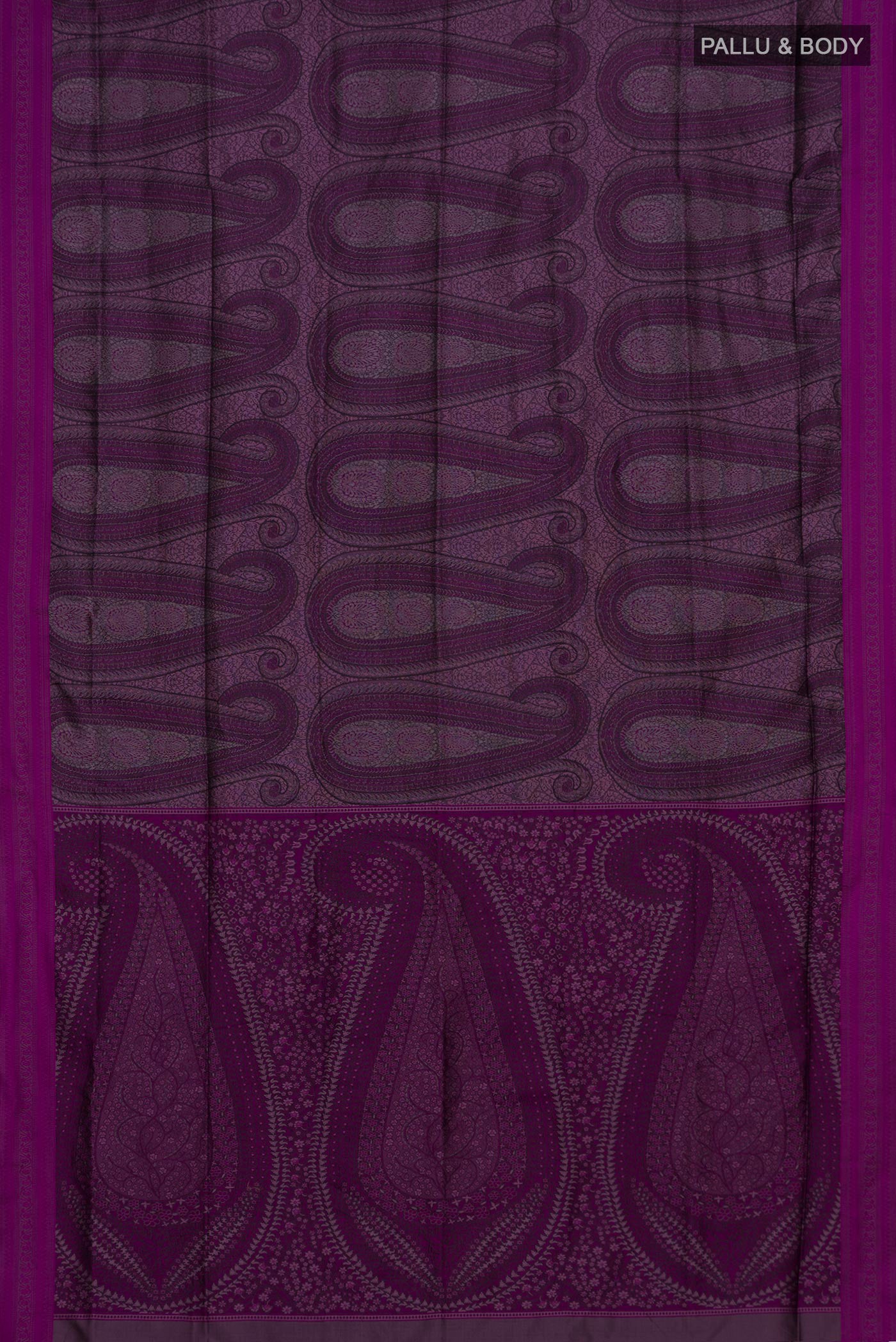Flat view of Purple Soft Silk Saree with Jacquard design on the body and Thread Border. 