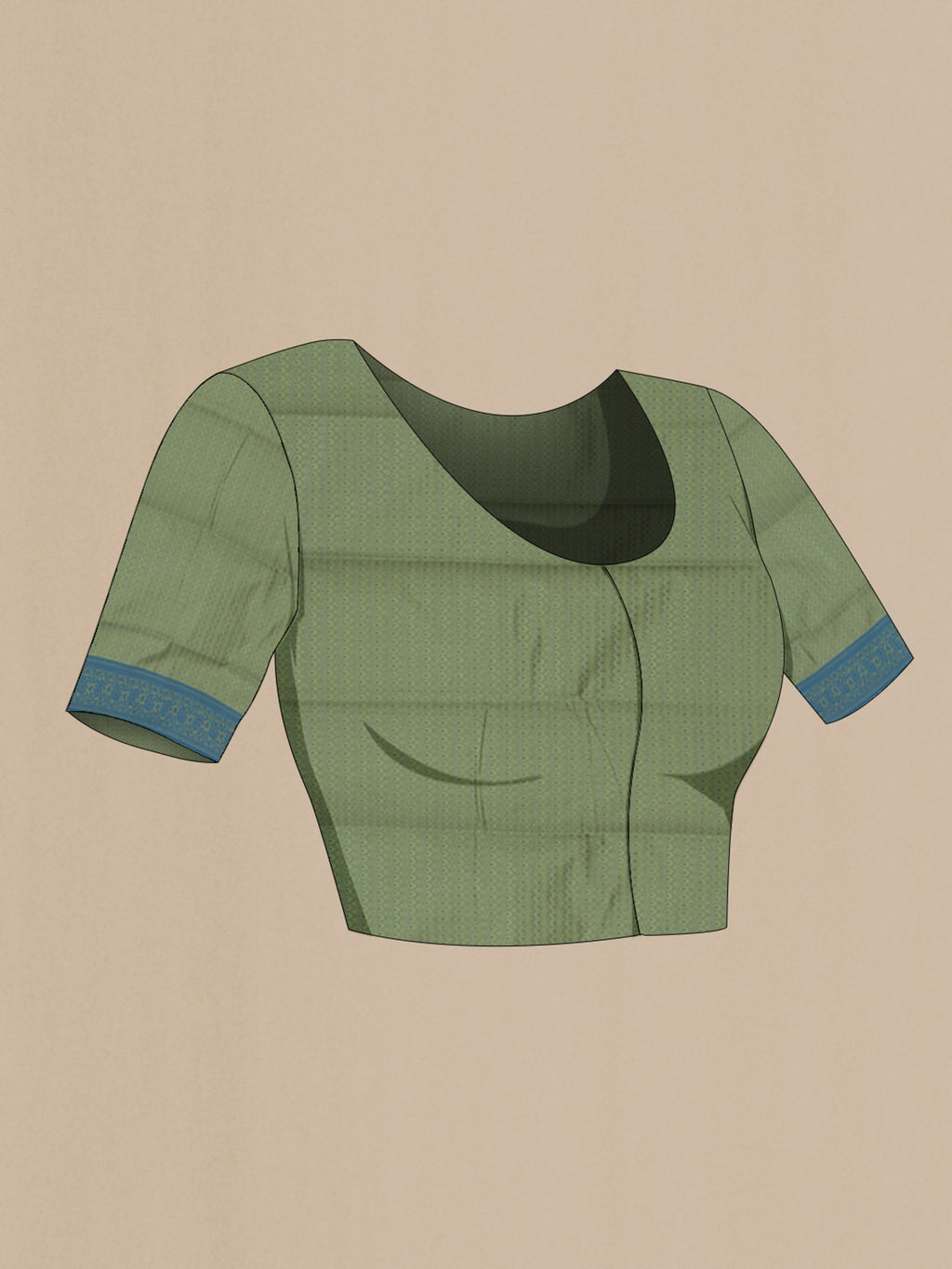 Close up image of the blouse of Light Green Soft Silk Saree with Jacquard design on the body and Thread Border. 