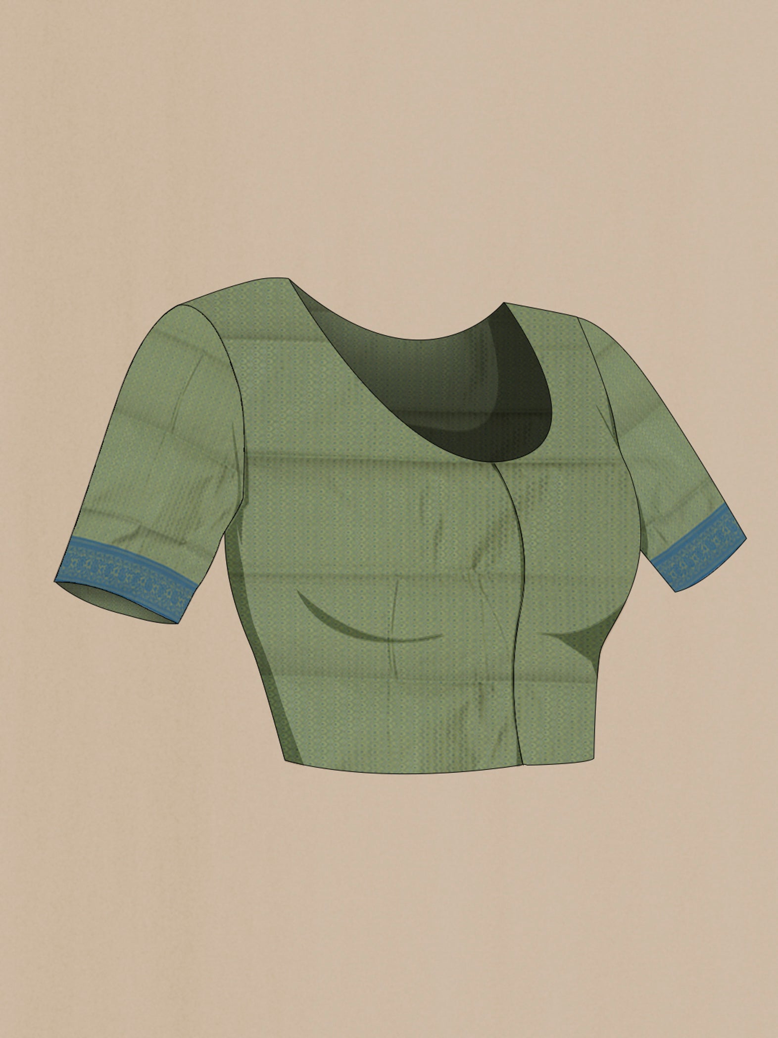 Close up image of the blouse of Light Green Soft Silk Saree with Jacquard design on the body and Thread Border. 