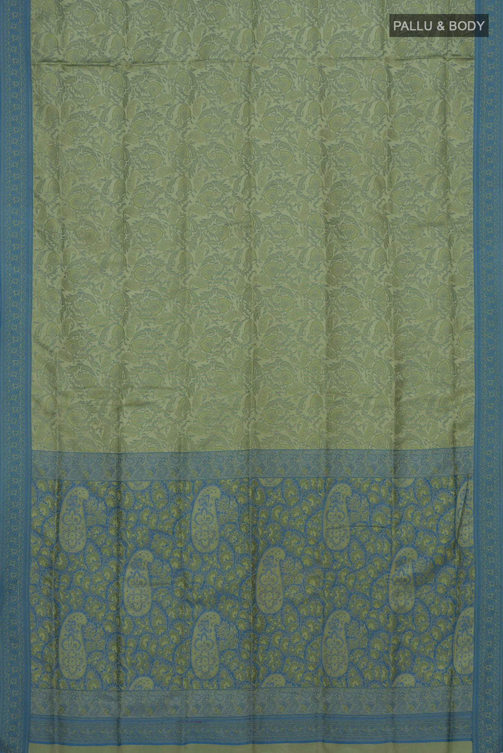 Flat view of Light Green Soft Silk Saree with Jacquard design on the body and Thread Border. 