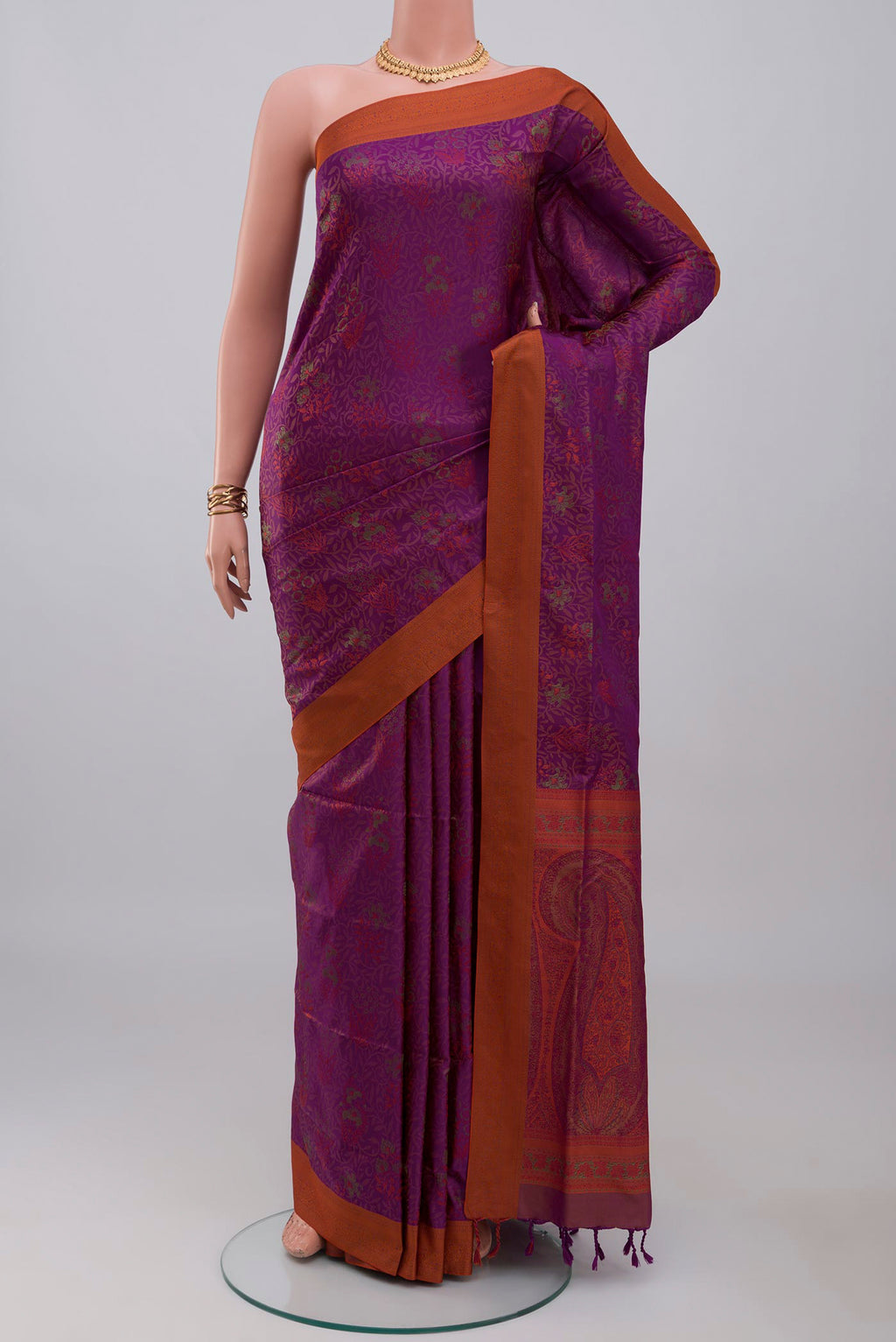 Purple Soft Silk Saree with Jacquard design on the body and Thread Border.  displayed on a mannequin